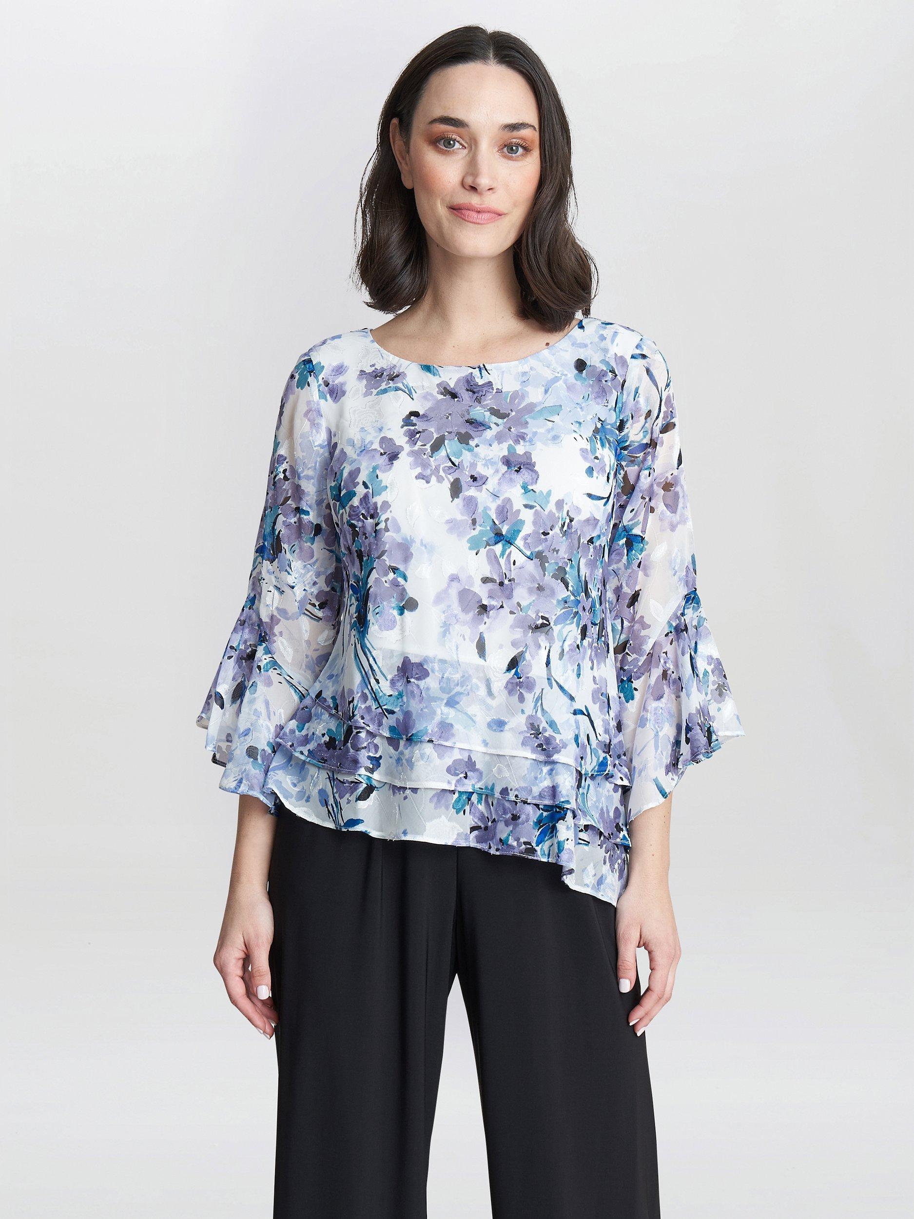 Gina Bacconi Frill Floral Layered Hem Blouse, Ivory/Blue