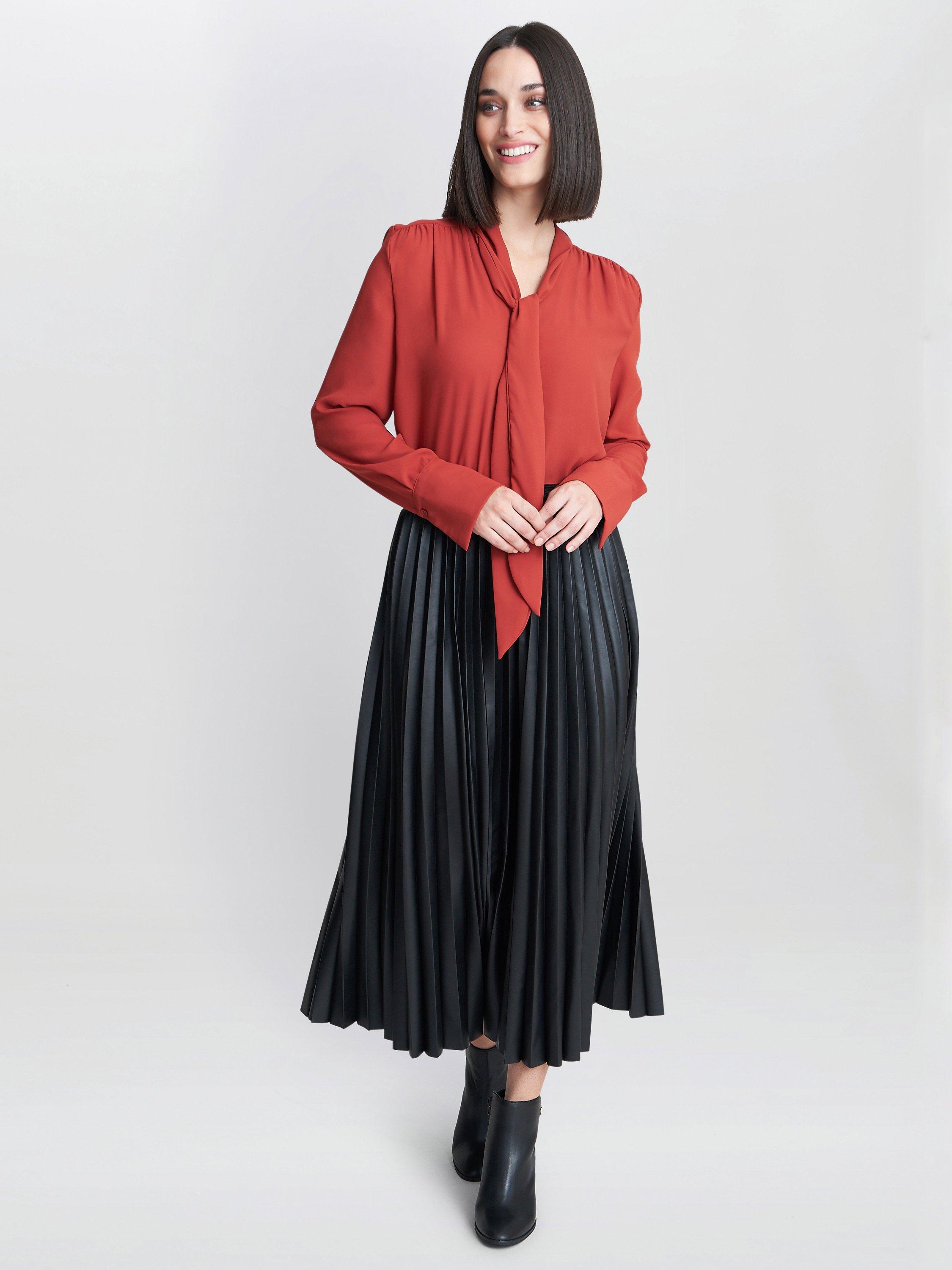 Product image 3 of 4, which shows Gina Bacconi Tatiana Pleated Midi Faux Leather Skirt, Black, S-M