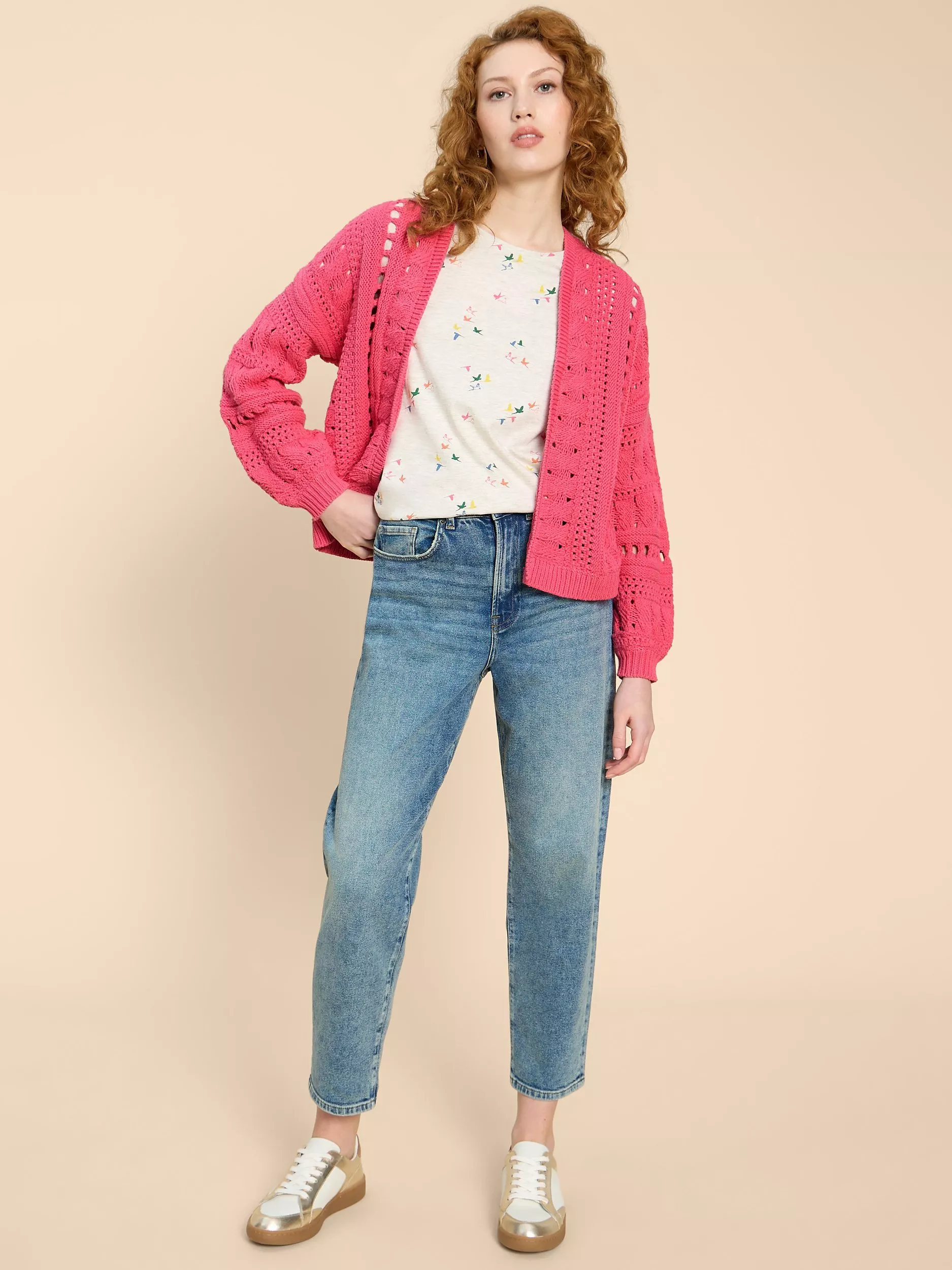 White Stuff Casey Crochet Cardigan Bright Pink