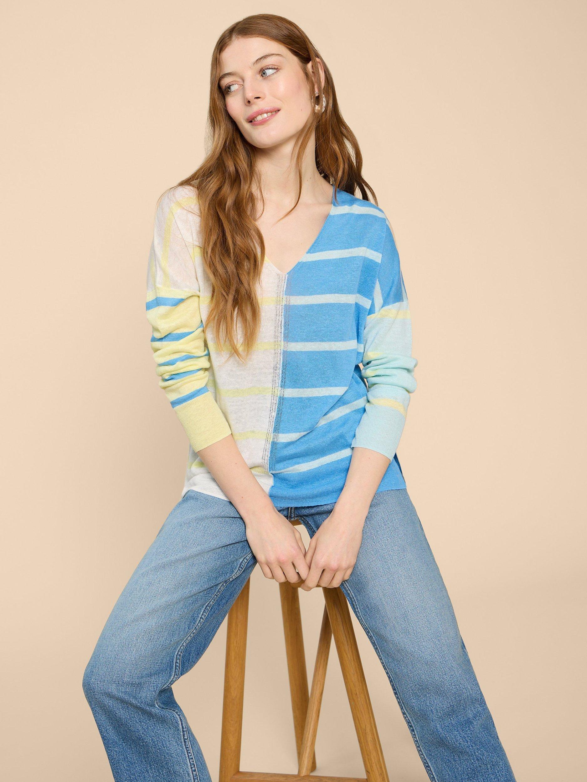 White Stuff Linen V-Neck Jumper, Blue/Multi