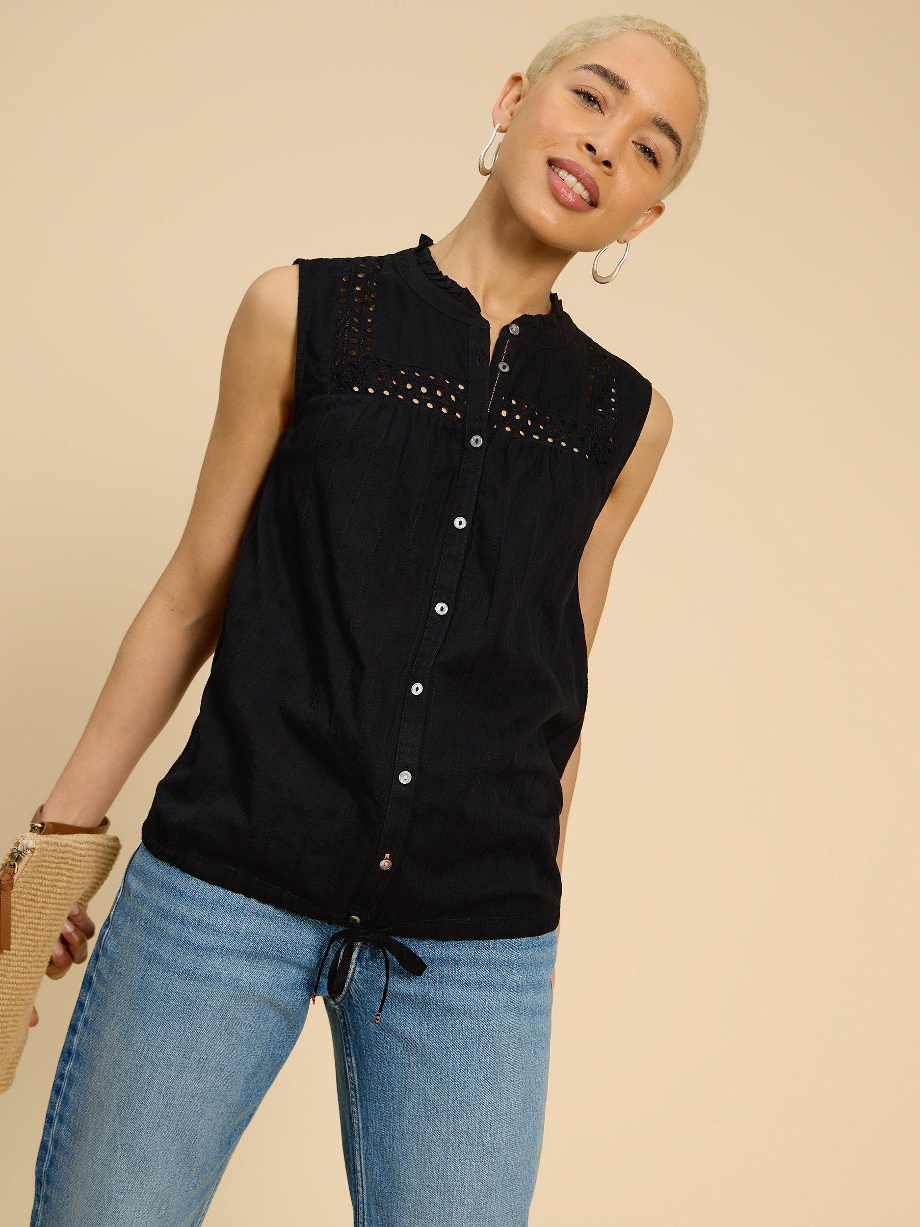 White Stuff Arabella Cotton Sleeveless Shirt, Pure Black