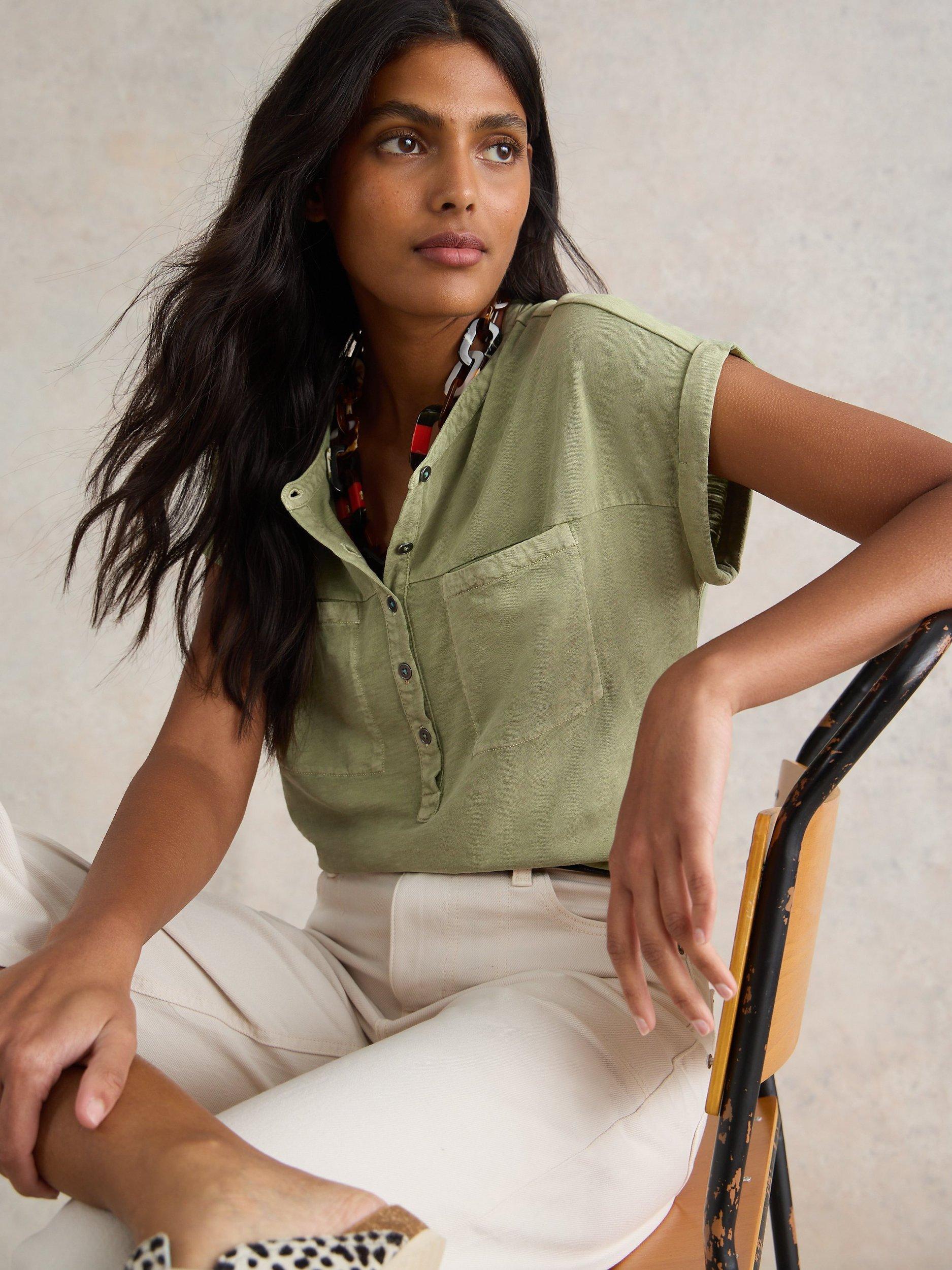 Product image 1 of 7, which shows White Stuff Beth Cotton Jersey T-Shirt, Dusty Green, 6