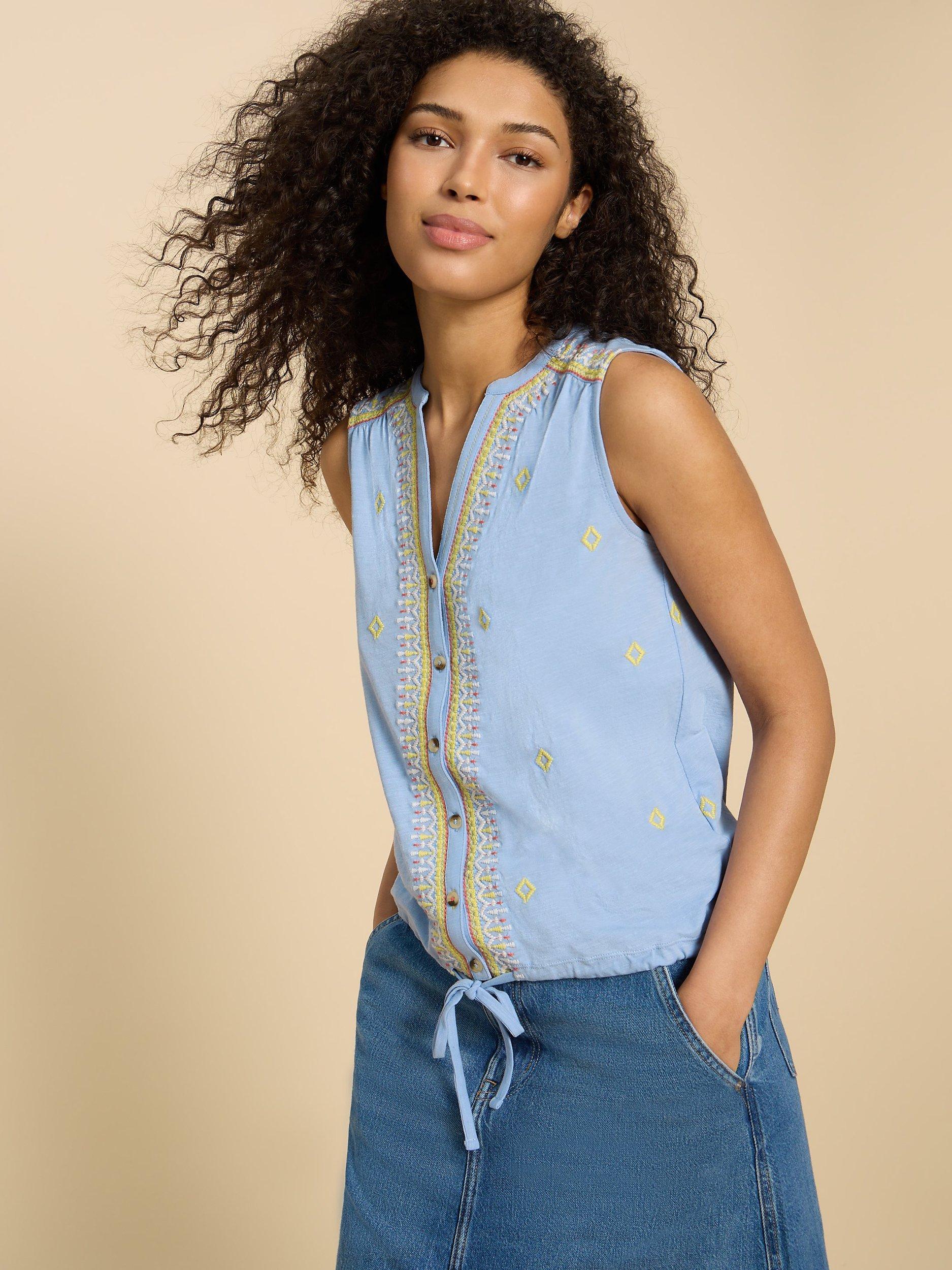 White Stuff Tulip Jersey Sleeveless Shirt, Blue/Multi