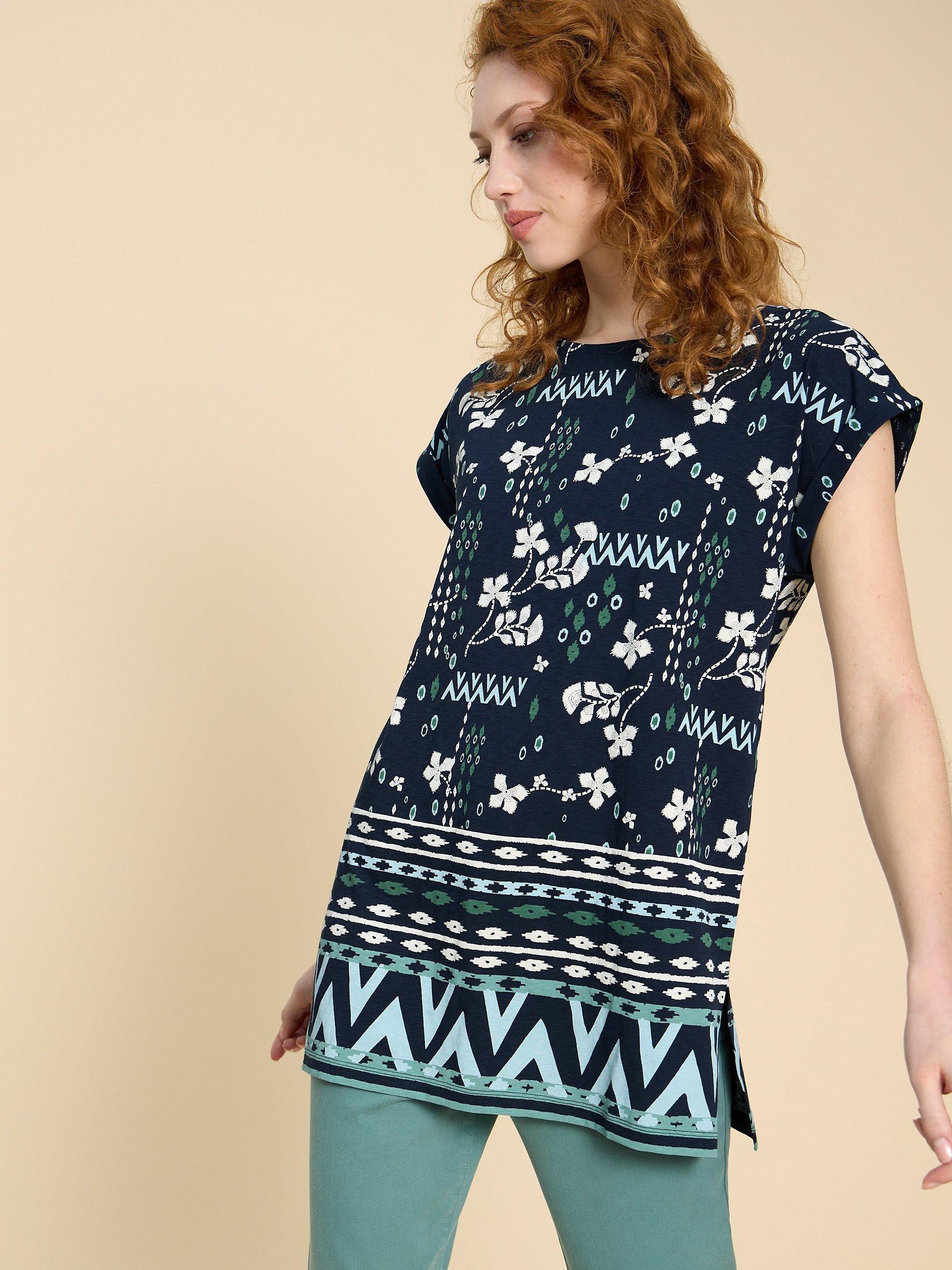 White Stuff Carrie Floral and Ikat Print Cotton Tunic Top Navy Multi