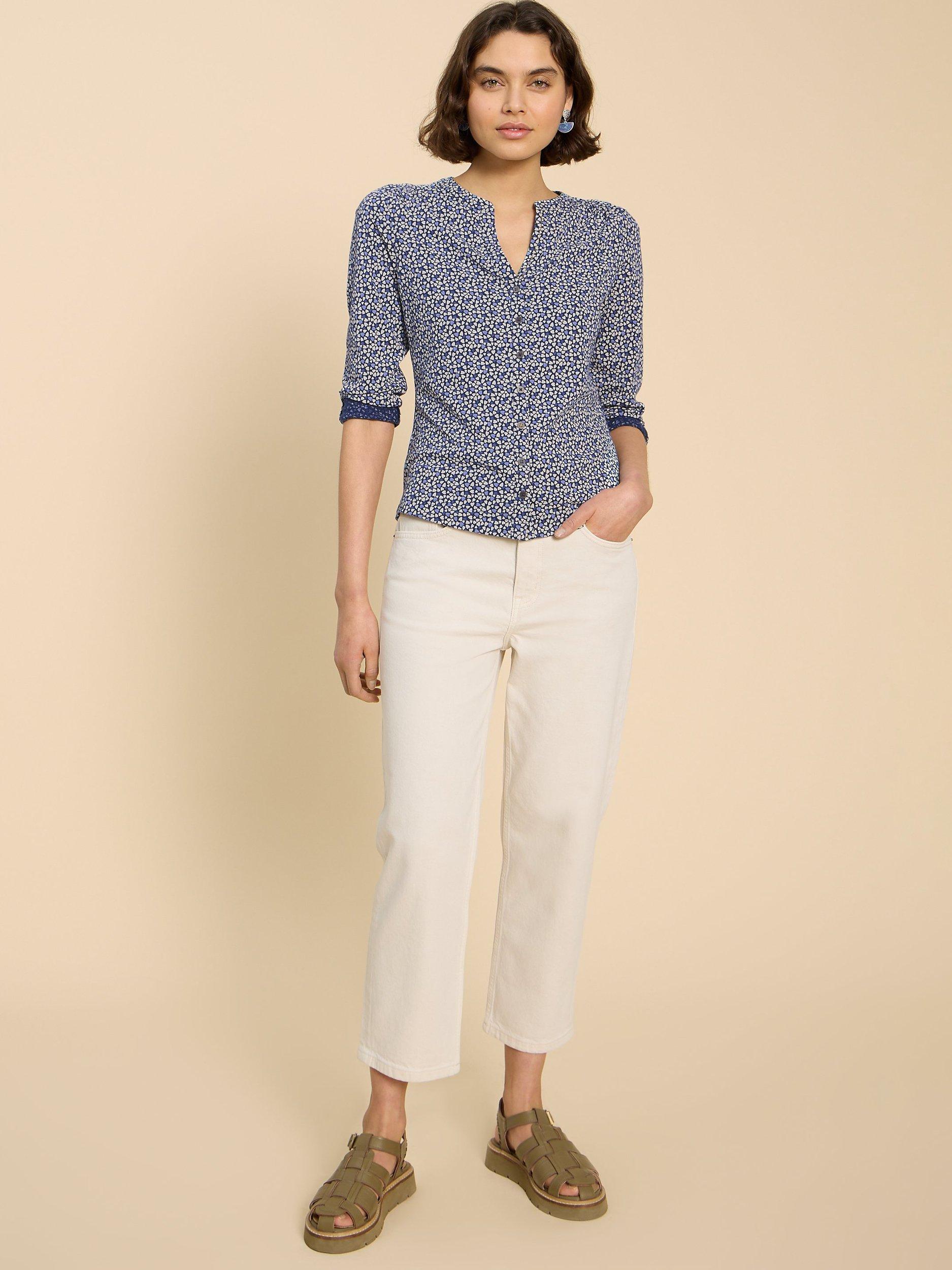 White Stuff Connie Collarless Heart Print Cotton Shirt, Blue/Multi