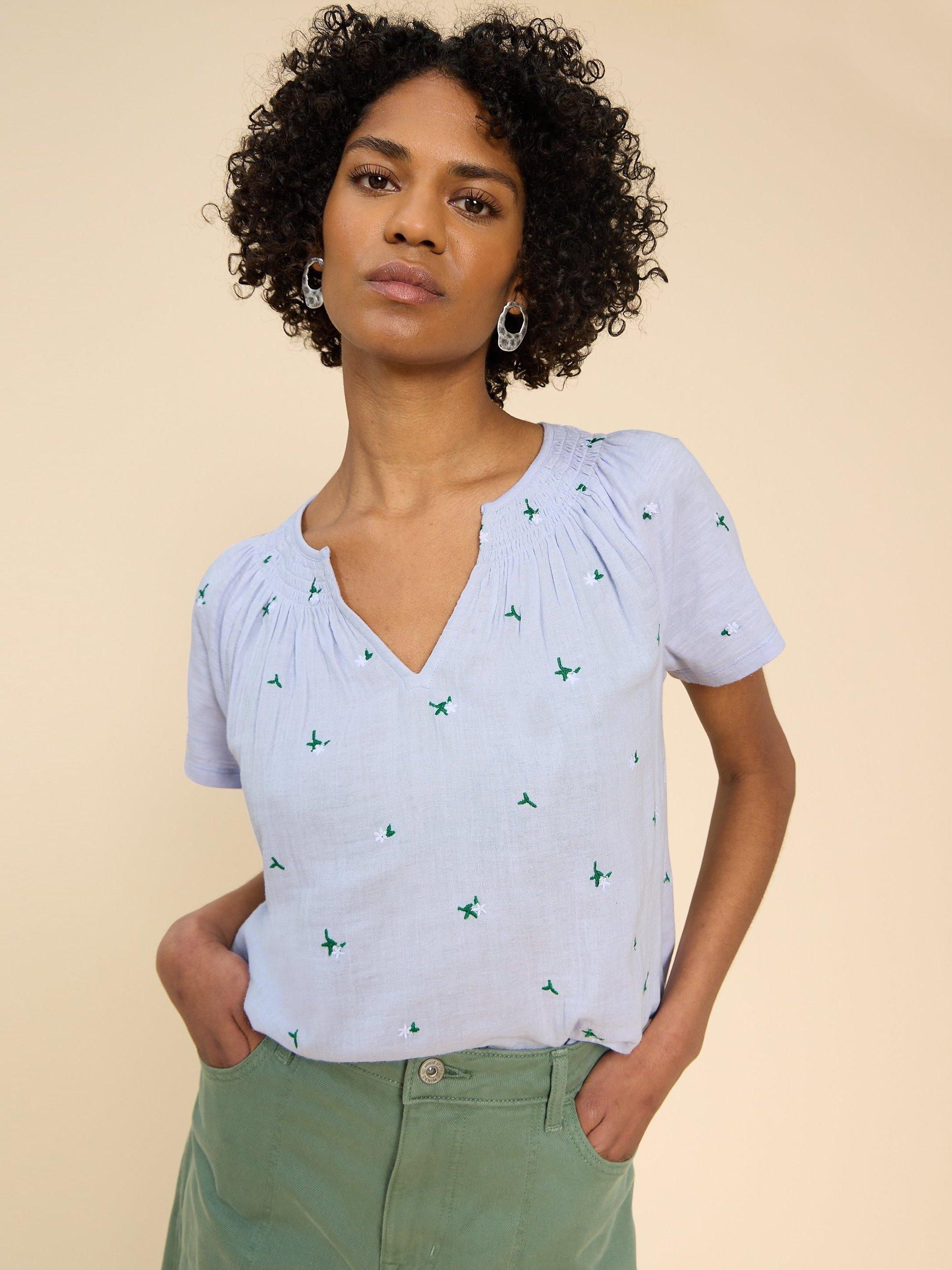 White Stuff Luella Floral Embroidery Cotton T-Shirt, Mid Blue/Multi