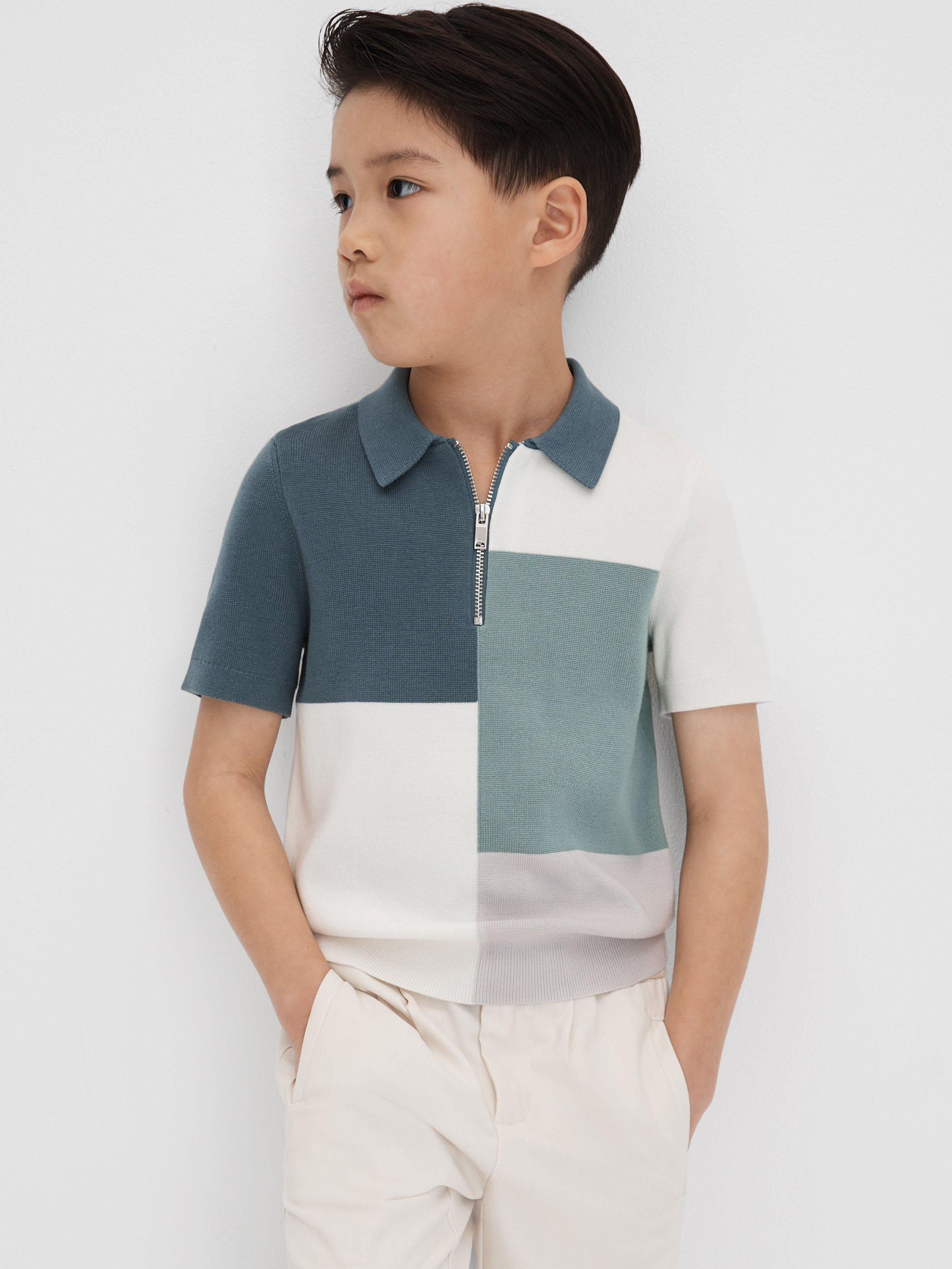 Reiss Kids' Delta Colour Block Half Zip Polo Shirt, Sage/Multi