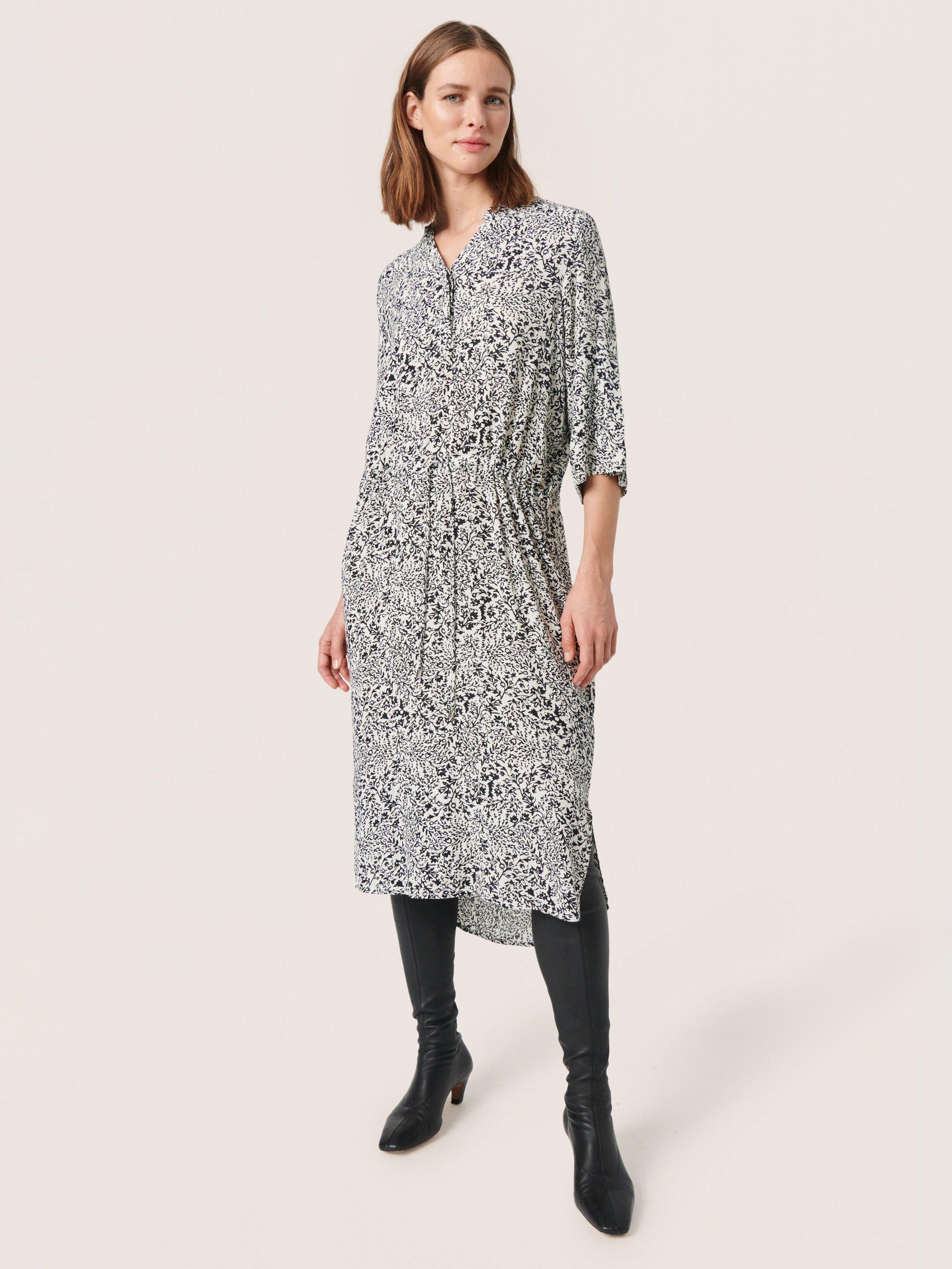 Product image 1 of 6, which shows Soaked In Luxury Zaya Ditsy Print Midi Dress, Black/White, XS