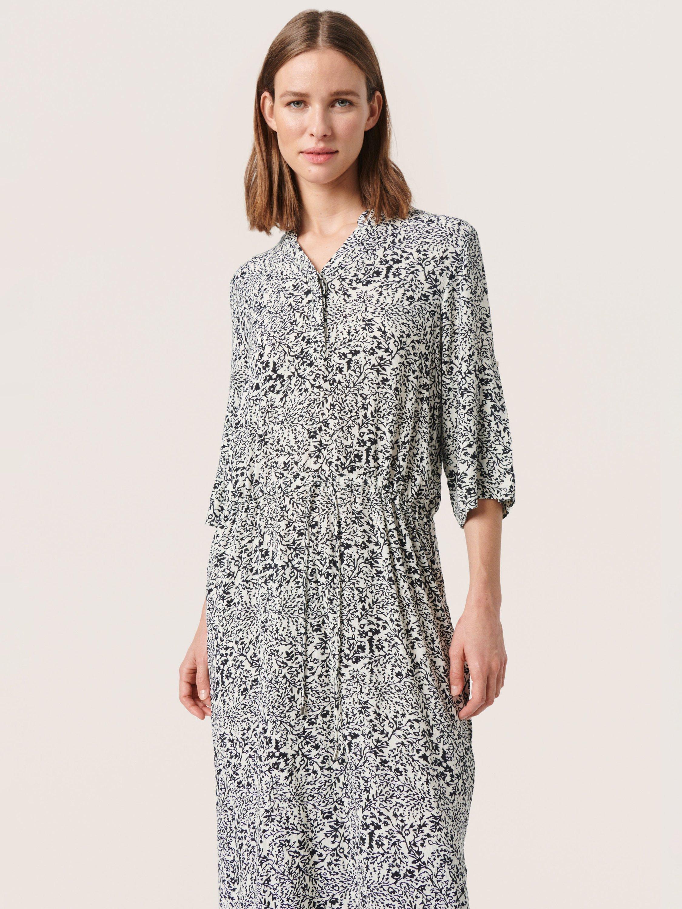 Product image 3 of 6, which shows Soaked In Luxury Zaya Ditsy Print Midi Dress, Black/White, XS