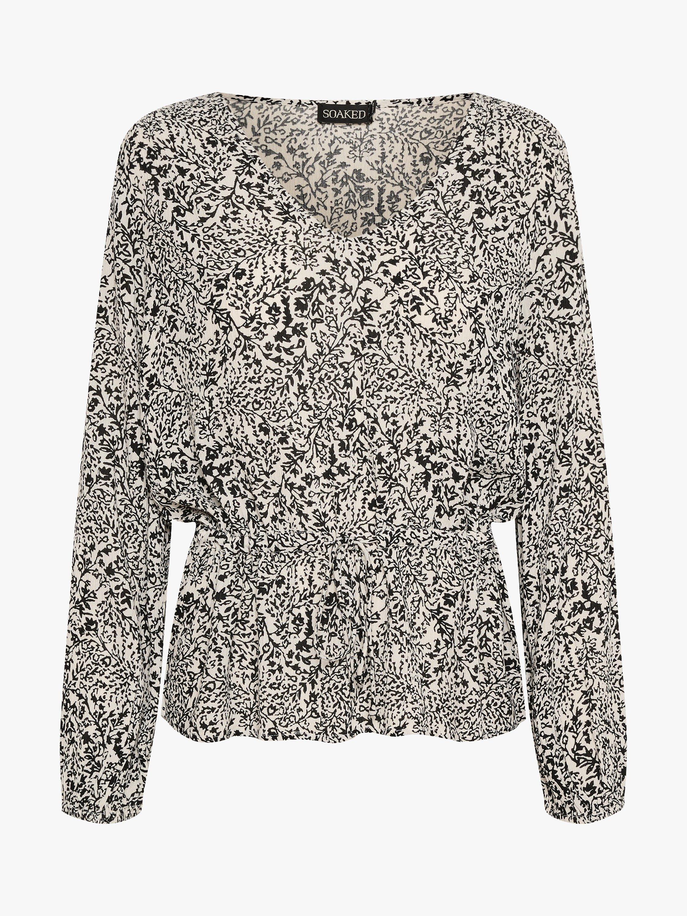 Soaked In Luxury Zaya V-Neck Drawstring Waist Blouse, Black/White Ditsy