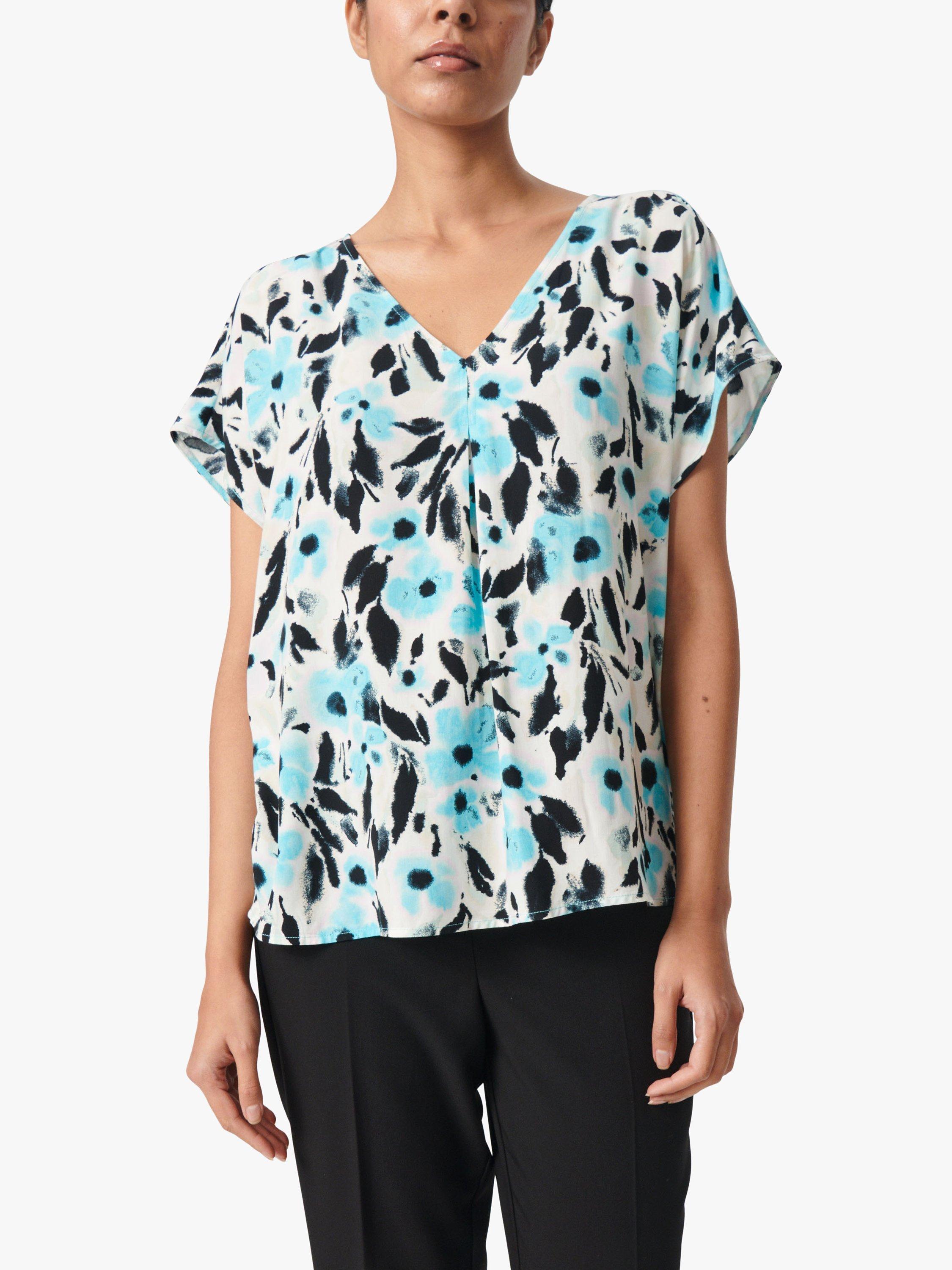 Product image 1 of 6, which shows Soaked In Luxury Dusine Short Sleeve V-Neck Blouse, Sea Jet Flower, XS