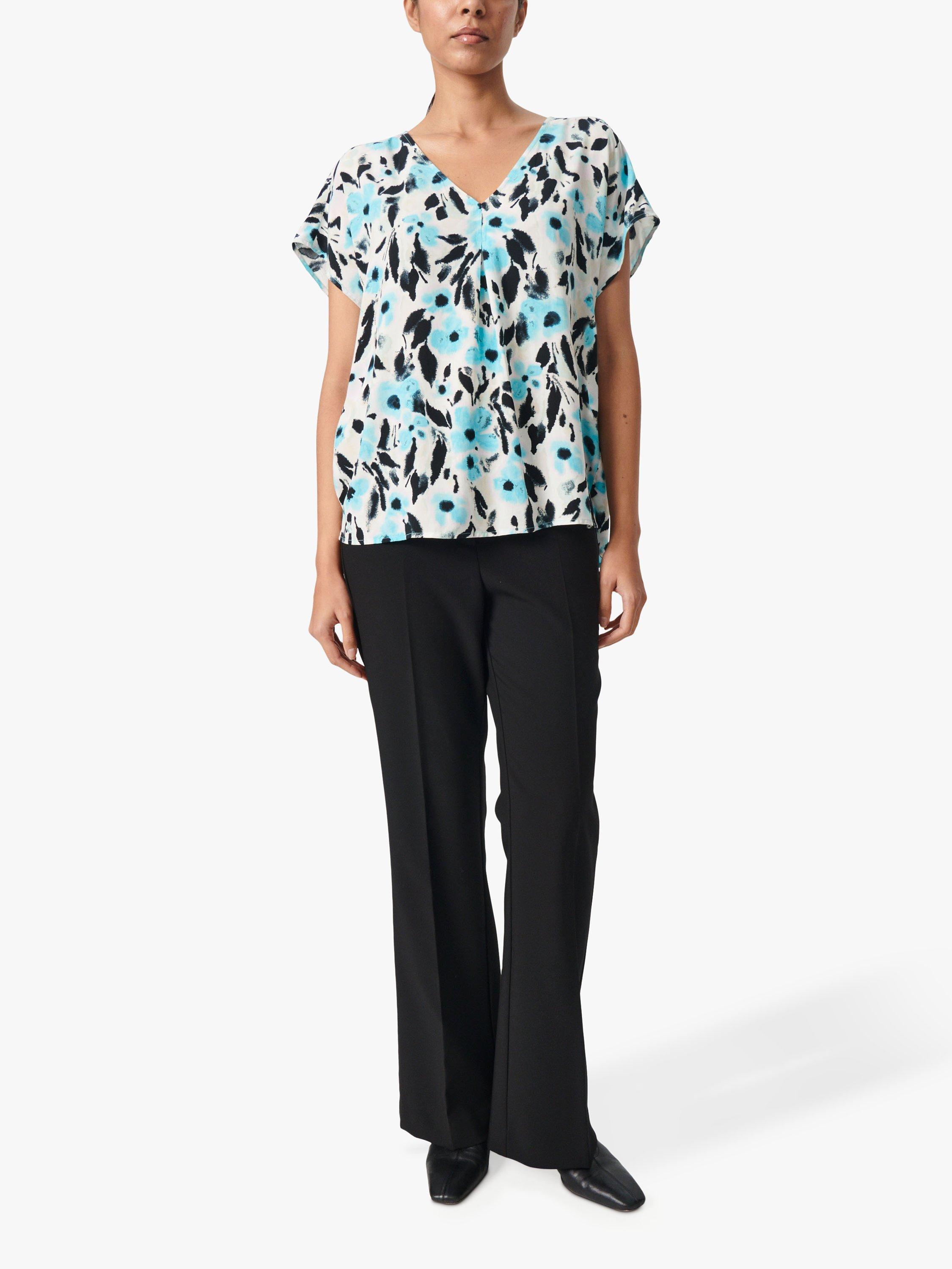 Product image 3 of 6, which shows Soaked In Luxury Dusine Short Sleeve V-Neck Blouse, Sea Jet Flower, XS