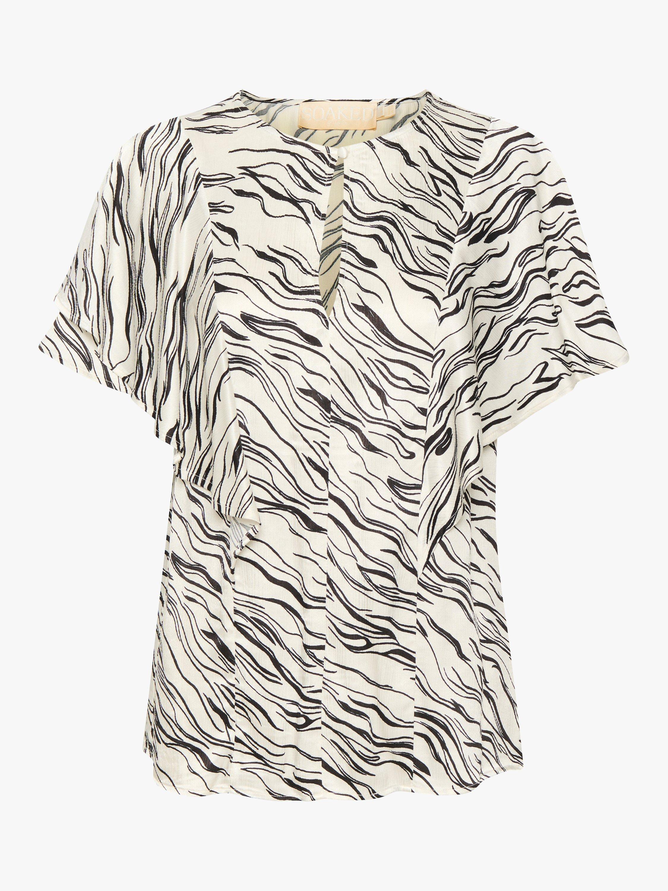 Product image 6 of 7, which shows Soaked In Luxury Vinka Ruffle Sleeve Round Neck Blouse, White/Black Wave, M