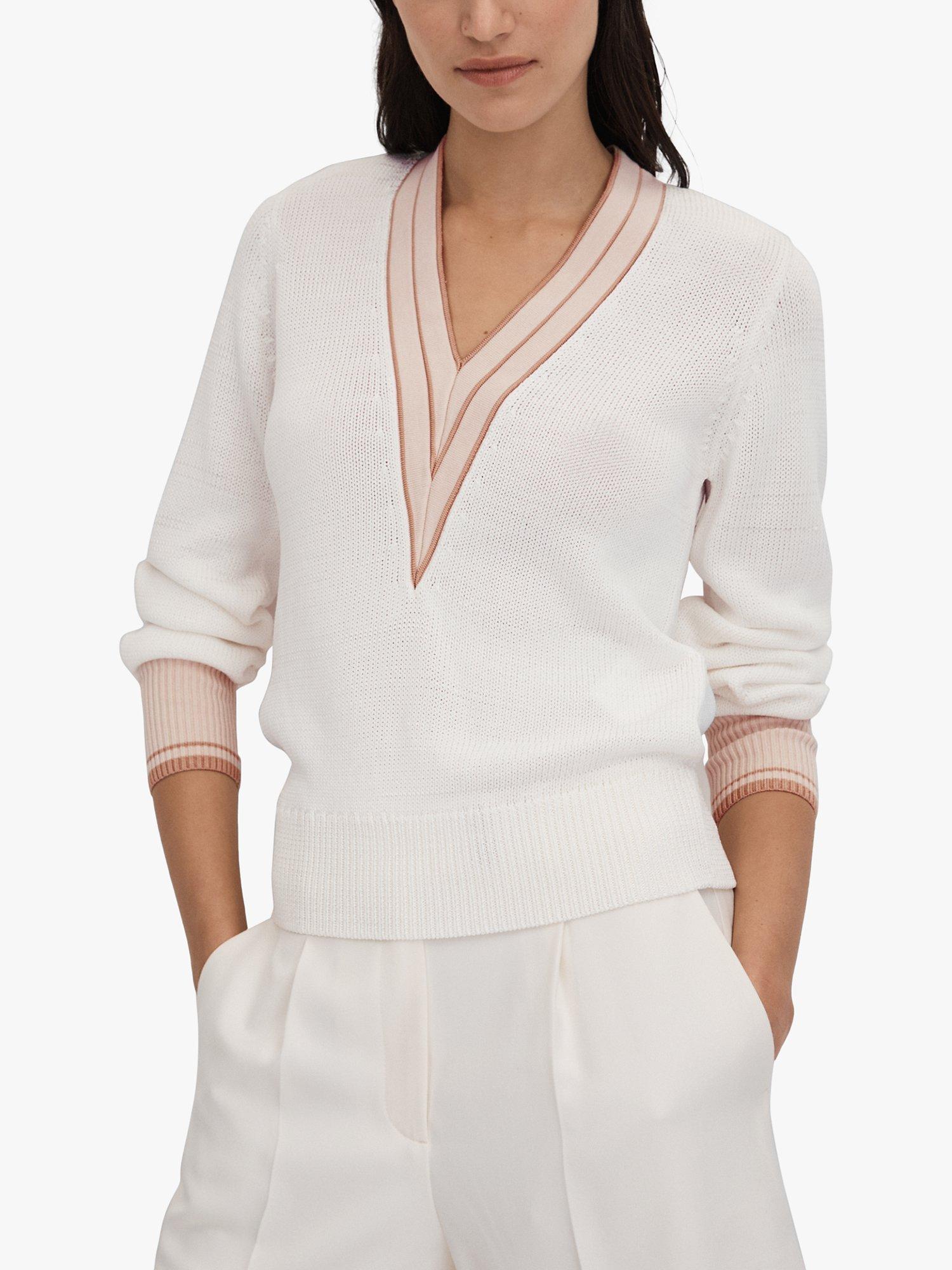 Reiss Tor Contrast Trim V-Neck Jumper, White/Pink