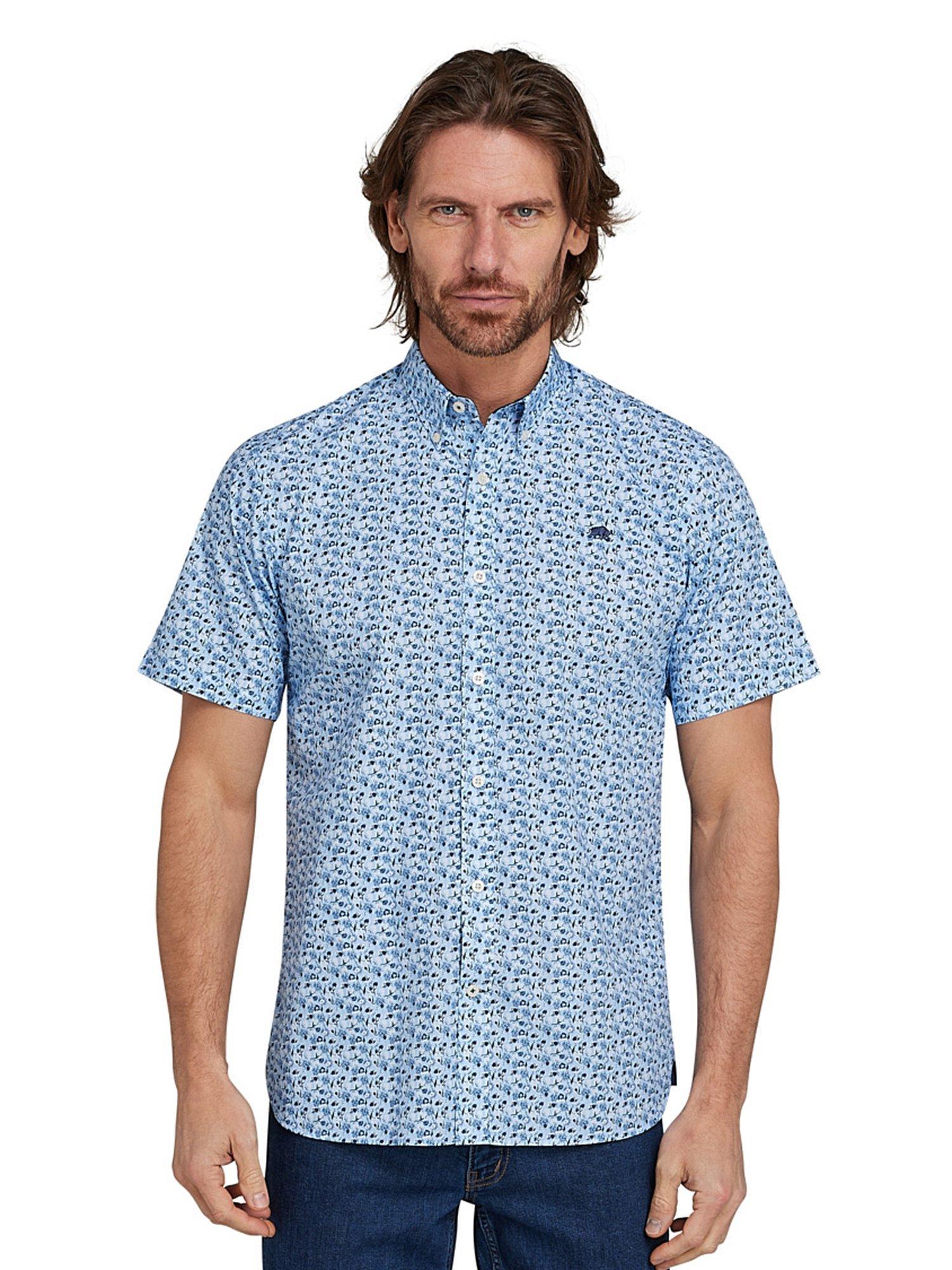 Raging Bull Ditsy Floral Print Short Sleeve Shirt, Mid Blue