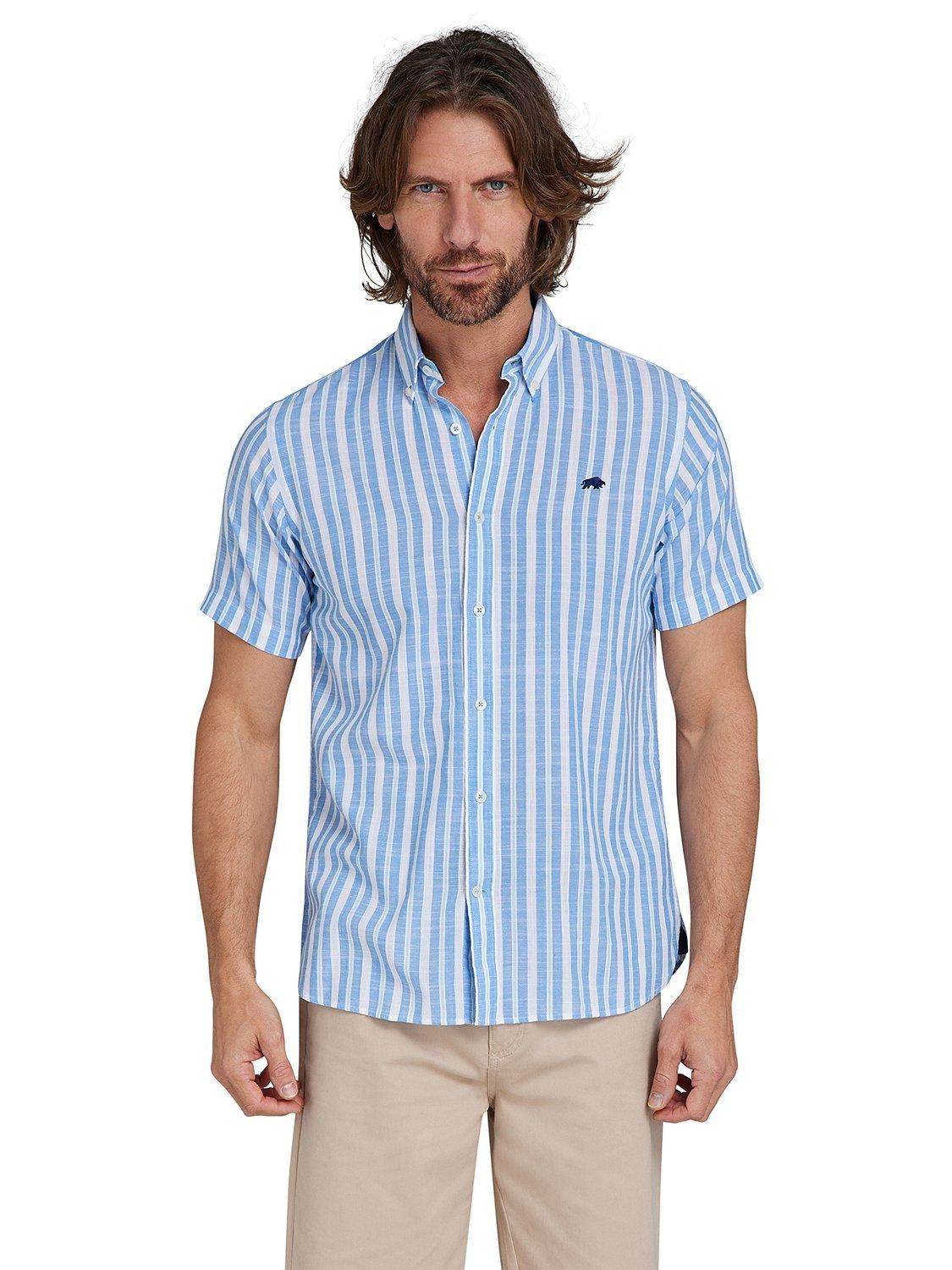 Raging Bull Short Sleeve Multi Stripe Linen Look Shirt, Mid Blue, XXXXXL