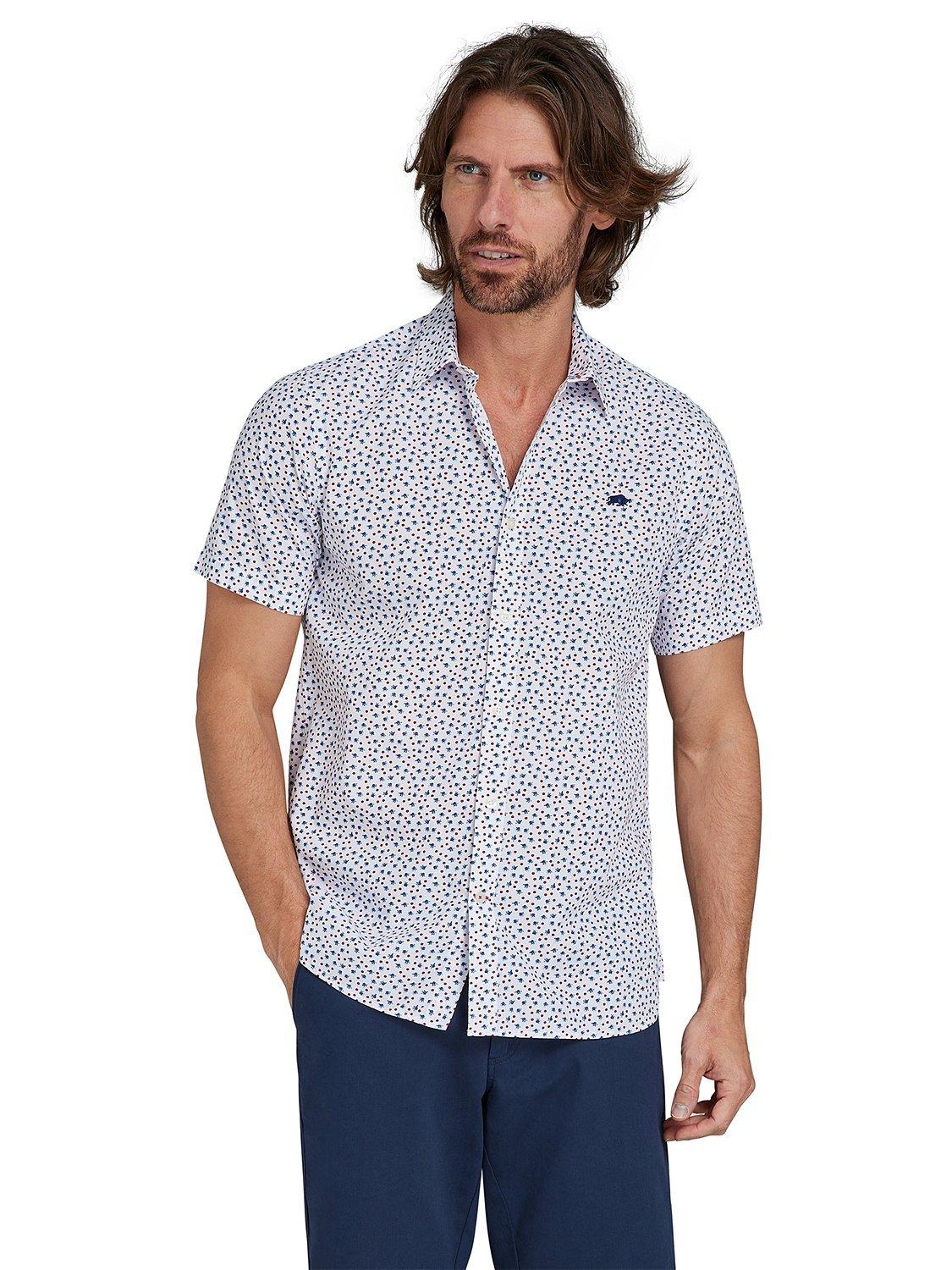 Raging Bull Micro Flower Print Poplin Shirt, White/Multi