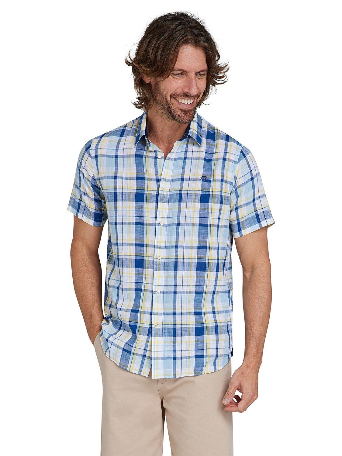 Raging Bull Short Sleeve Madras Check Linen Look Shirt, Sky Blue/Multi
