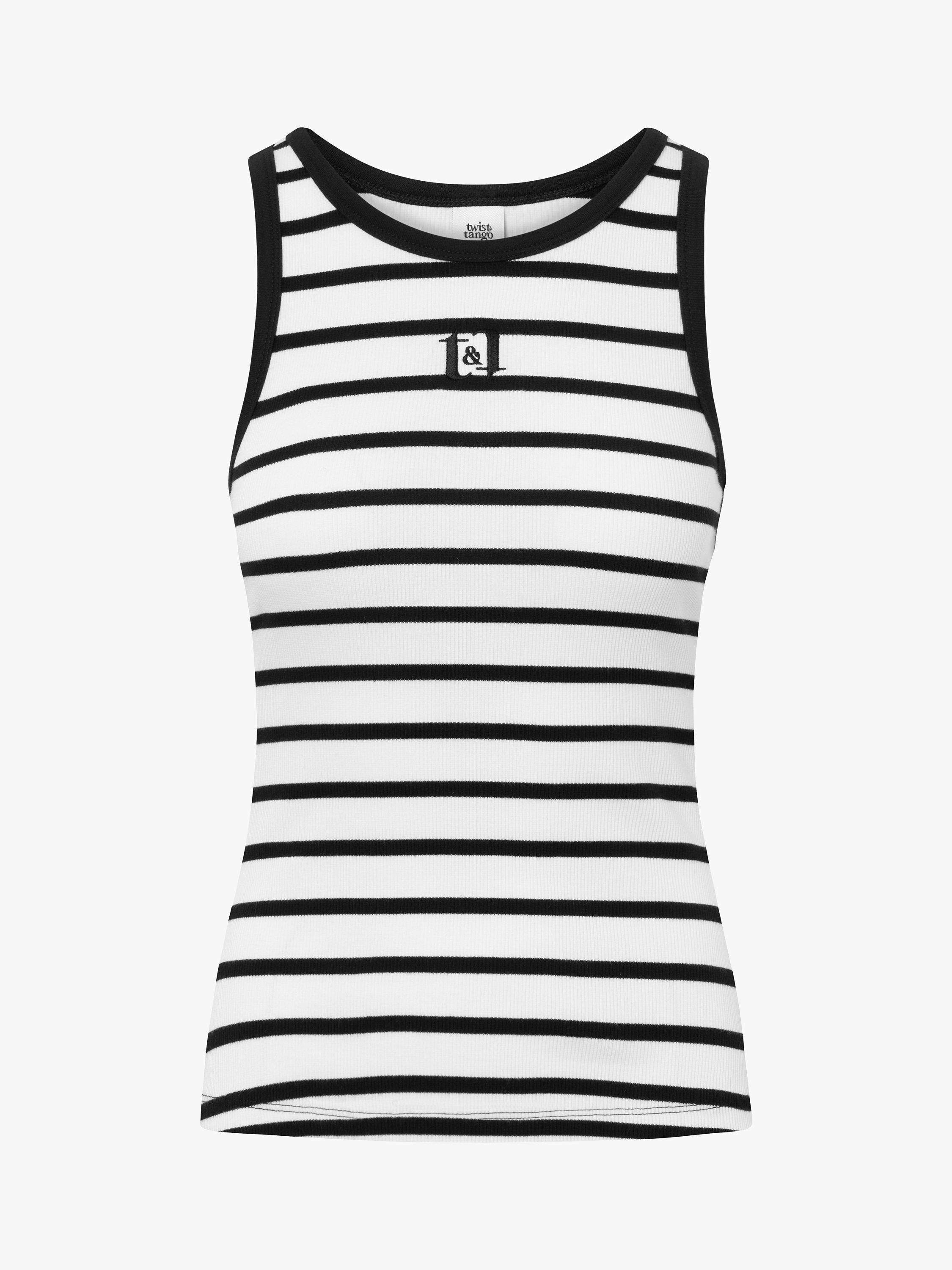 Product image 4 of 5, which shows Twist & Tango Azra Stripe Logo Racerback Vest Top, Black/White, XS