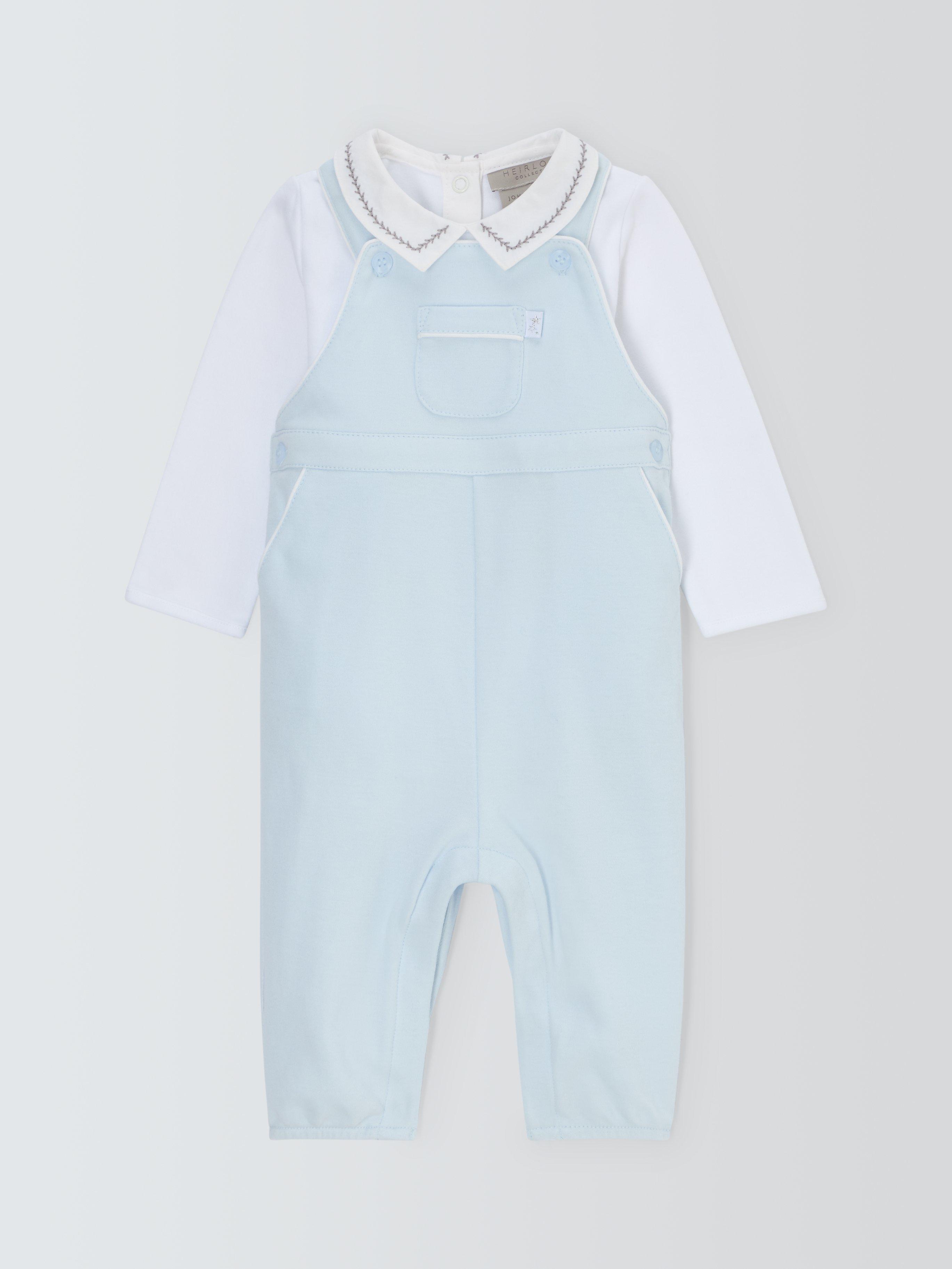 Product image 1 of 3, which shows John Lewis Heirloom Collection Baby Pima Cotton Long Sleeve Bodysuit & Dungaree Set, Blue, 3-6 months