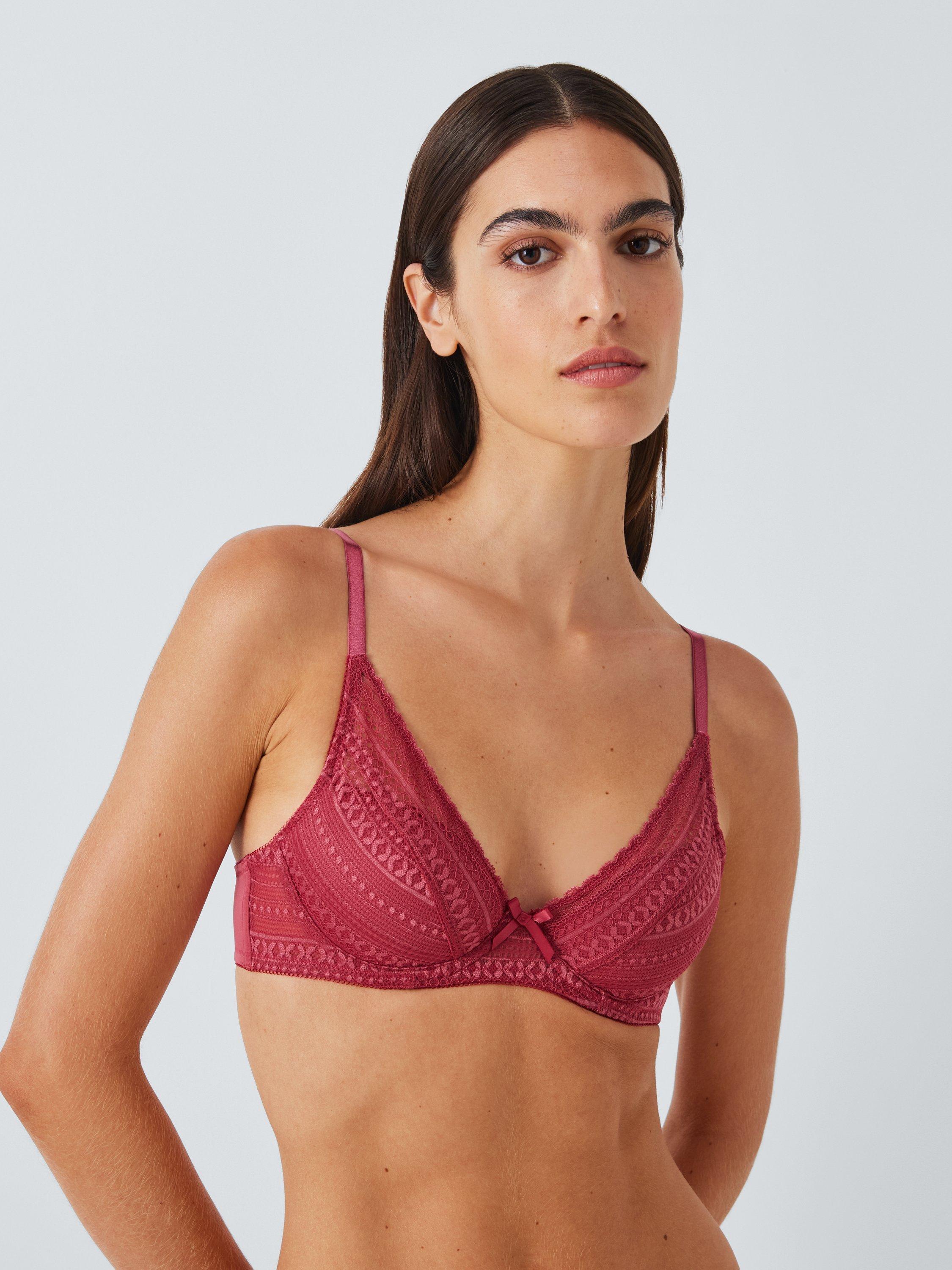 Product image 1 of 10, which shows John Lewis Felicity Padded Lace Plunge Bra, Earth Red, 30E