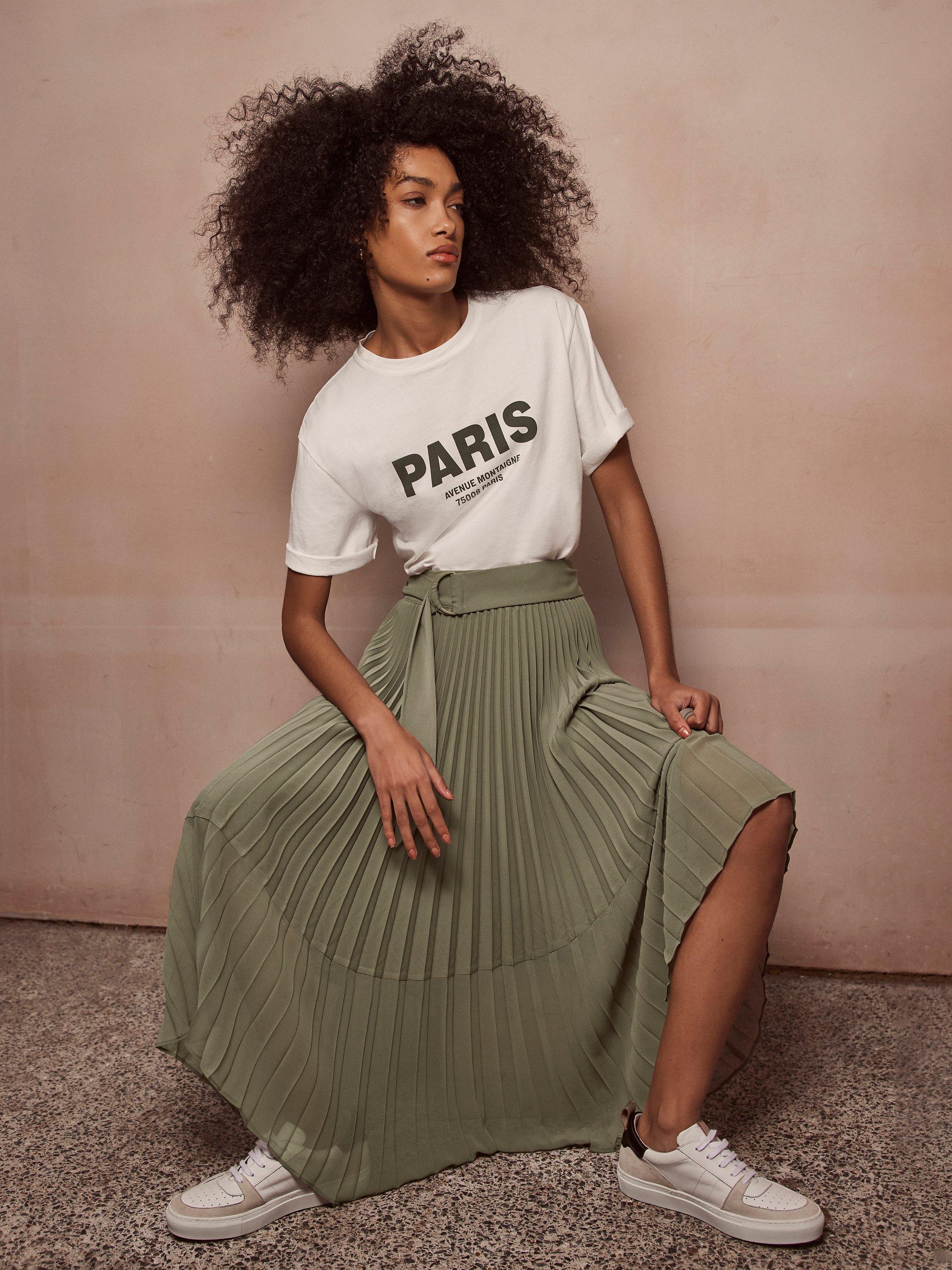 Green pleated midi skirt hotsell