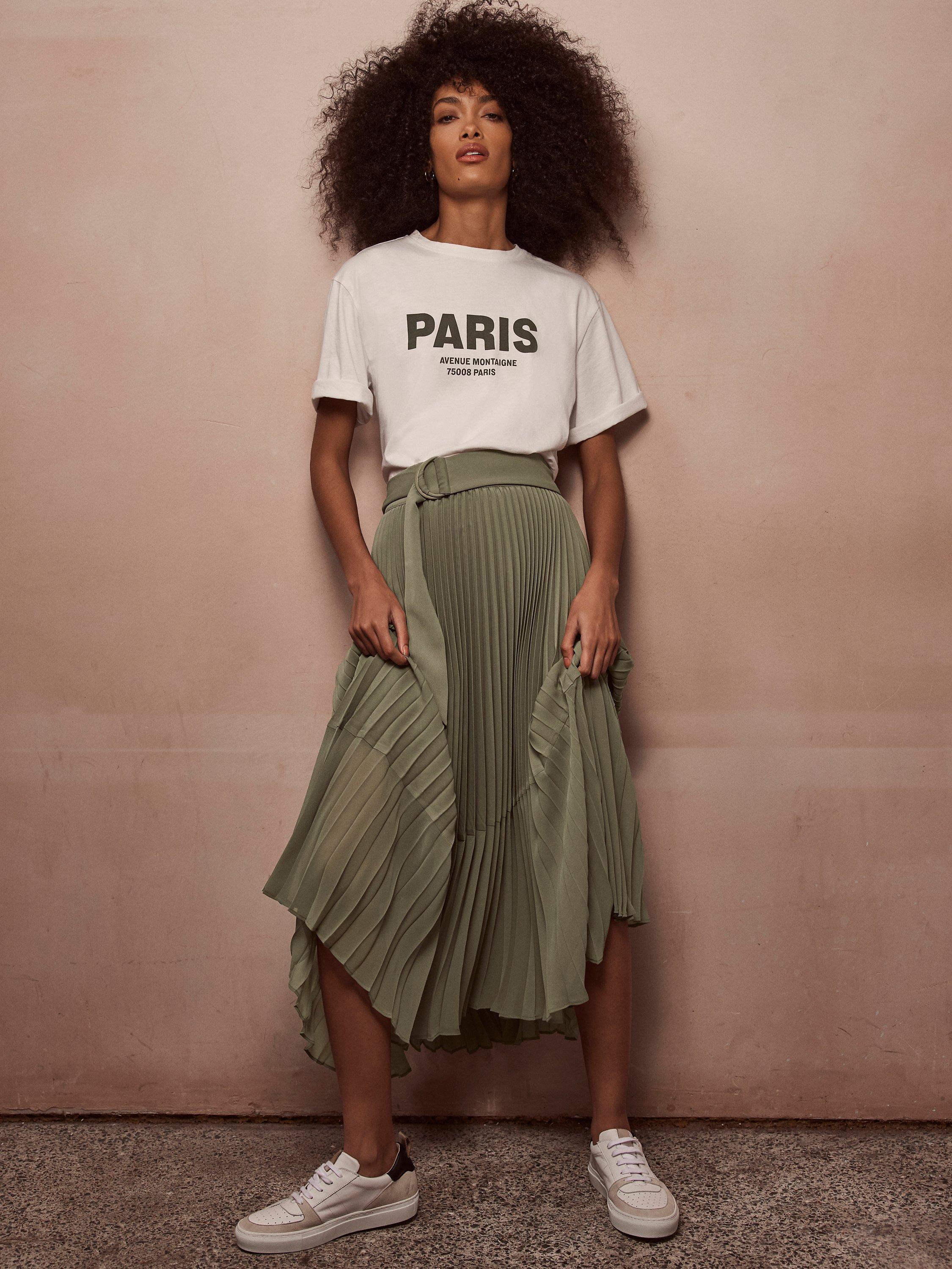 Mint Velvet Pleated Midi Skirt Green Khaki