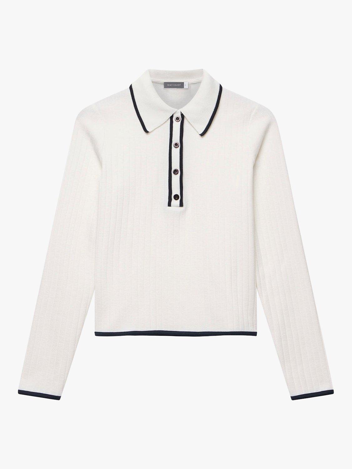 Product image 6 of 8, which shows Mint Velvet Ribbed Polo Neck Top, Ivory, XS