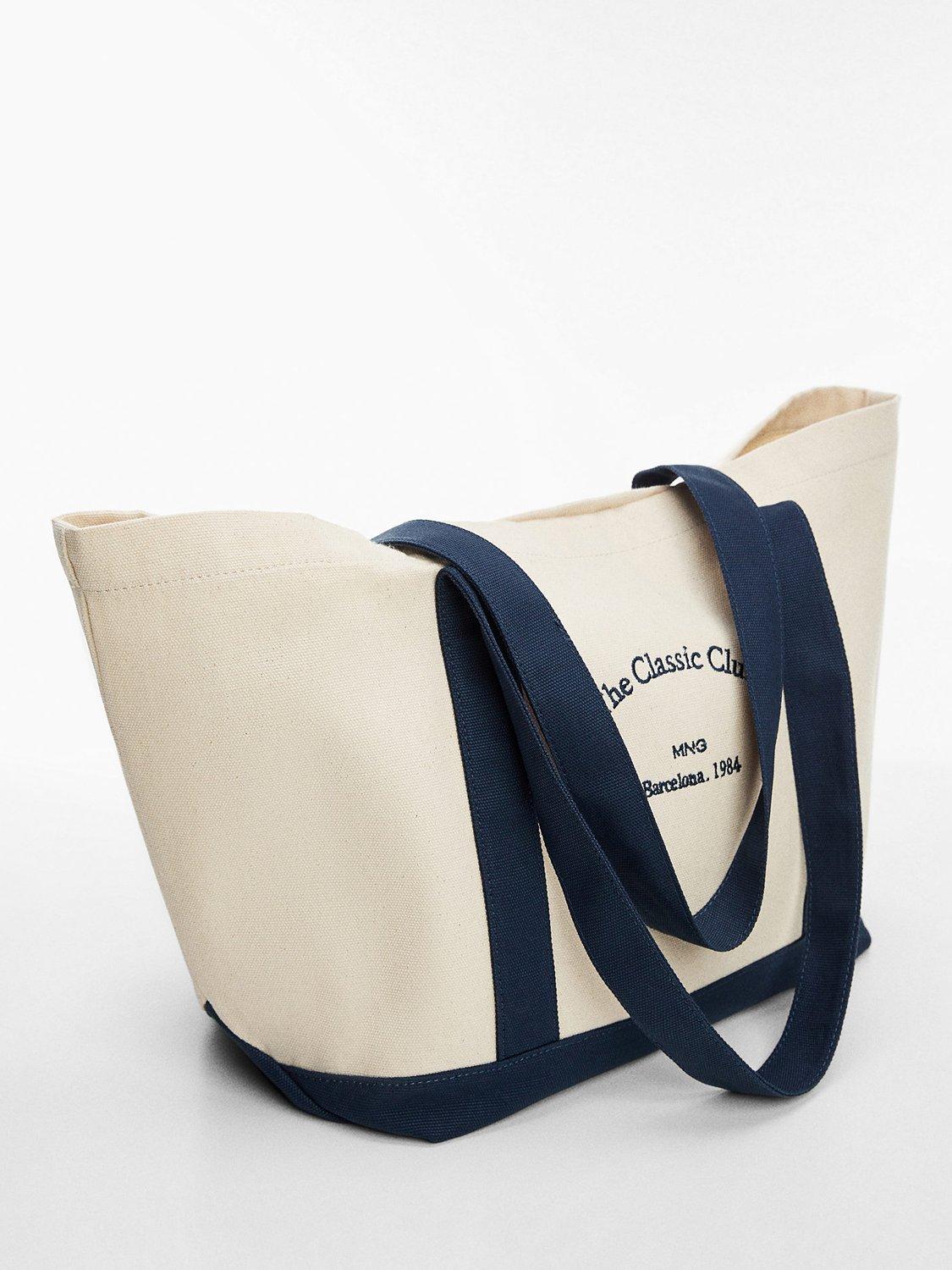 Mango Large Cotton Shopper, Cream/Navy