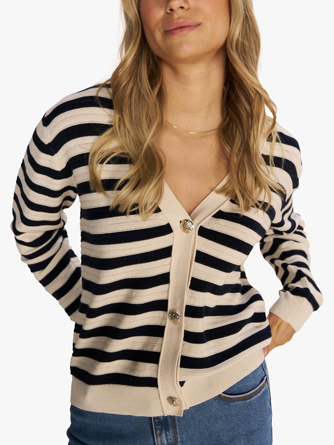 Product image 1 of 3, which shows MOS MOSH Kisana Stripe Organic Cotton Cardigan, Ecru/Black, S