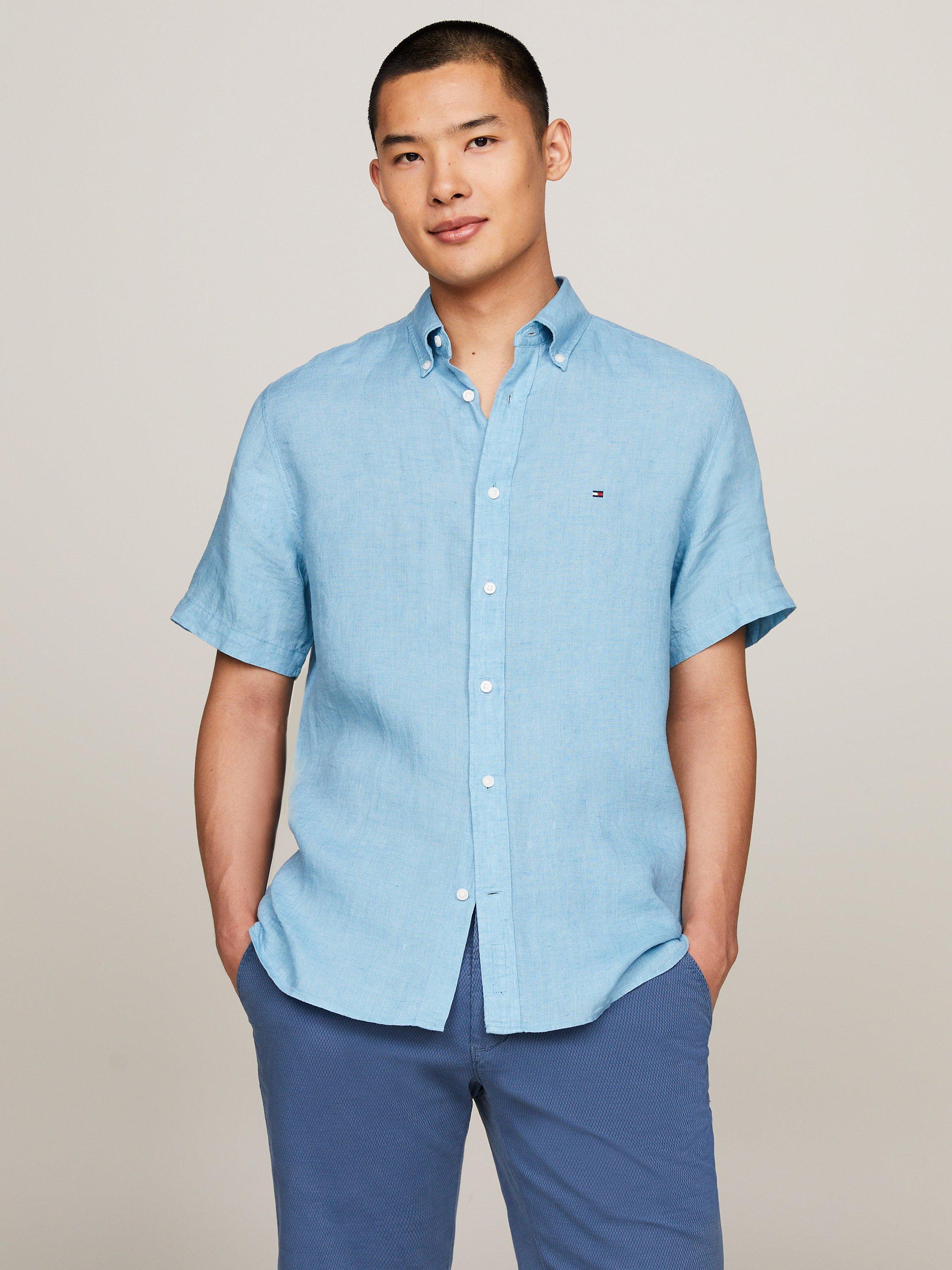 Tommy Hilfiger Pigment Dyed Linen Short Sleeve Shirt, Sleepy Blue