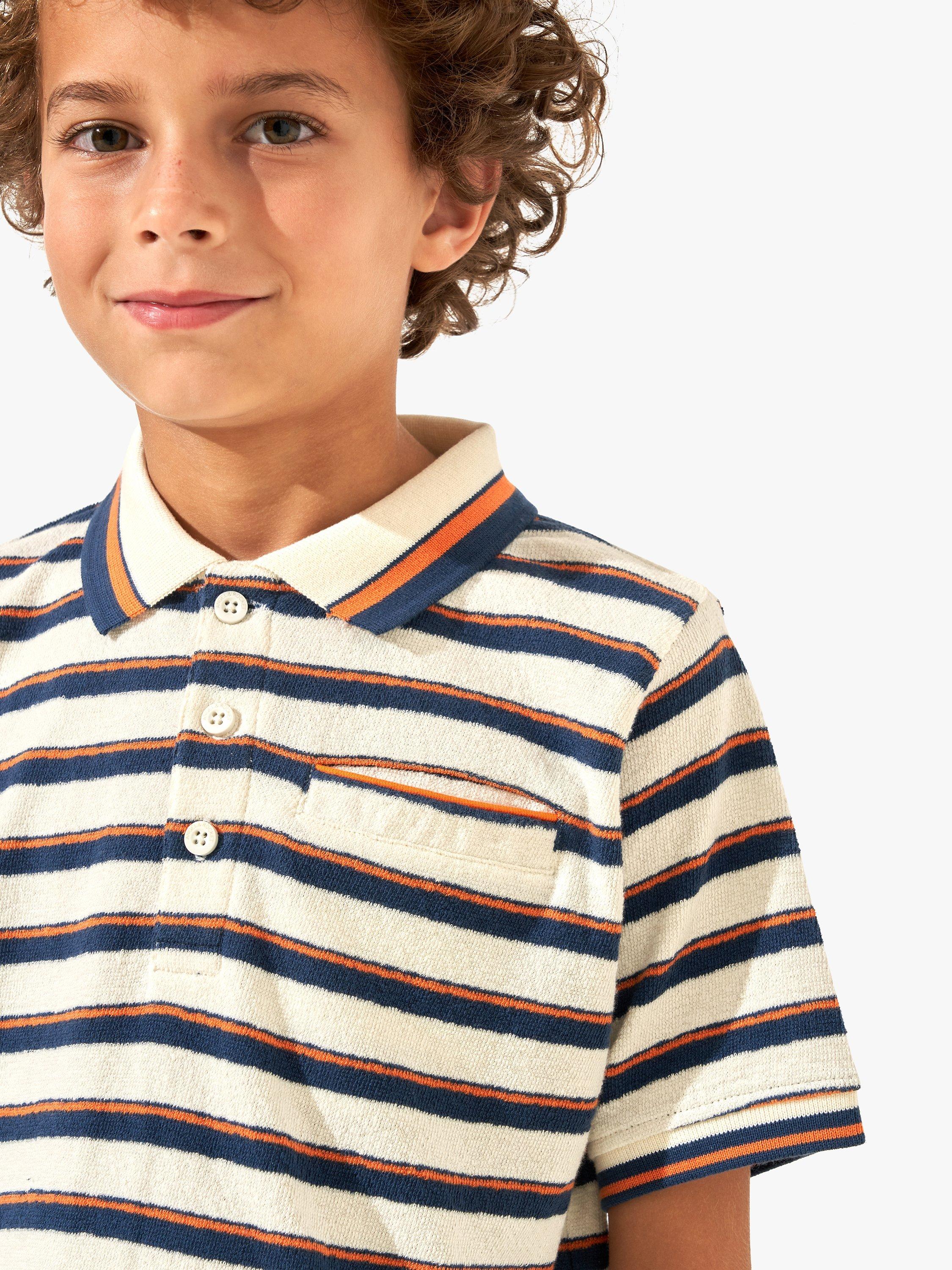 Product image 2 of 6, which shows Angel & Rocket Kids' Abel Towelling Stripe Polo Shirt, Cream/Multi, 3 years
