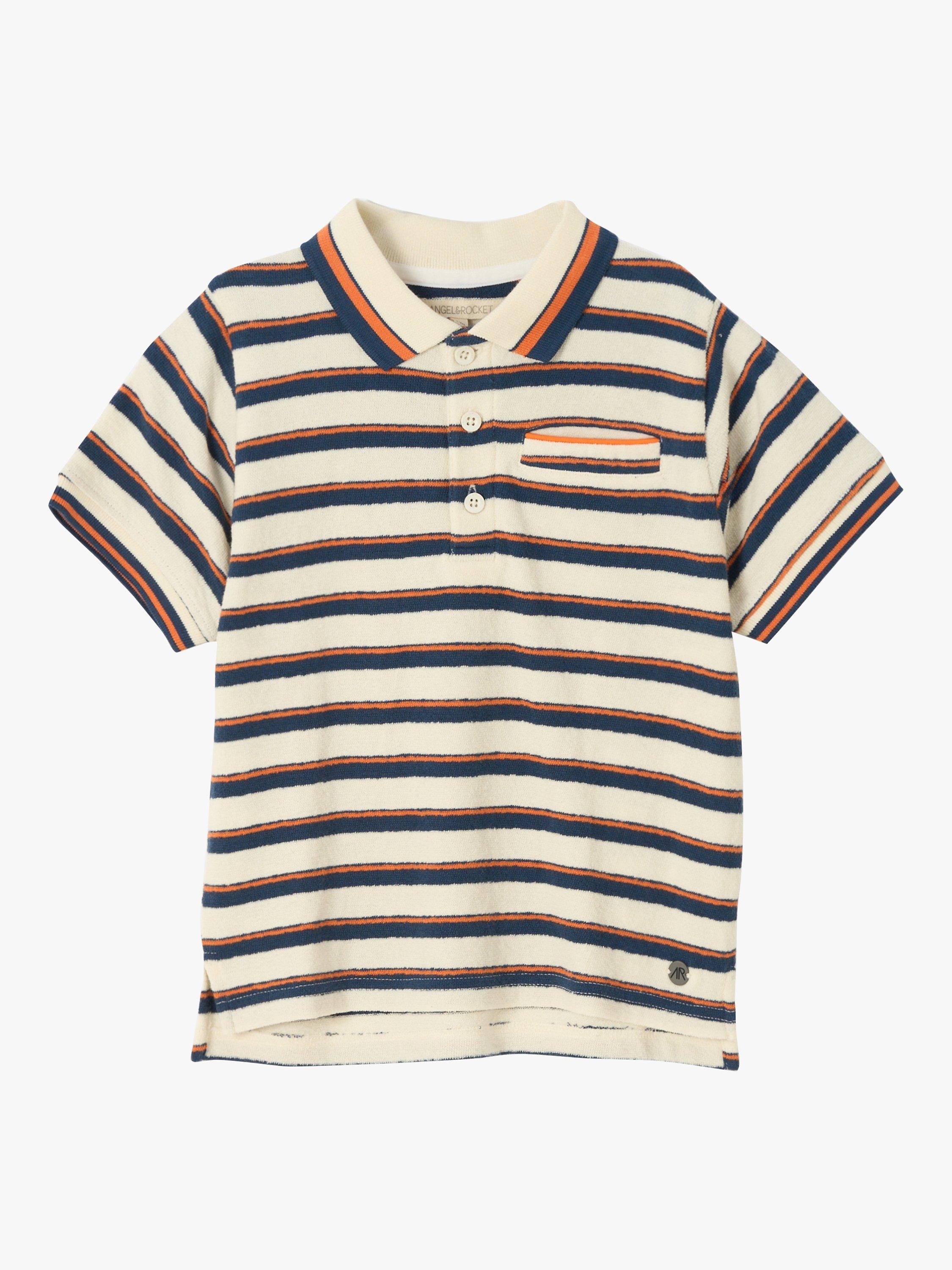 Product image 4 of 6, which shows Angel & Rocket Kids' Abel Towelling Stripe Polo Shirt, Cream/Multi, 3 years