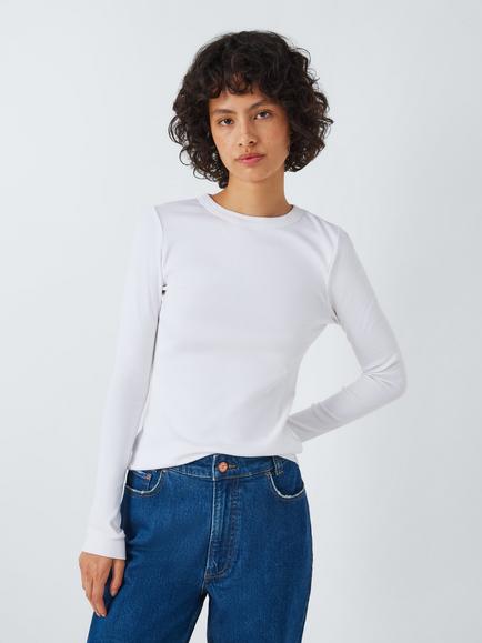 AND/OR Ribbed Stretch Cotton Long Sleeve Top, White