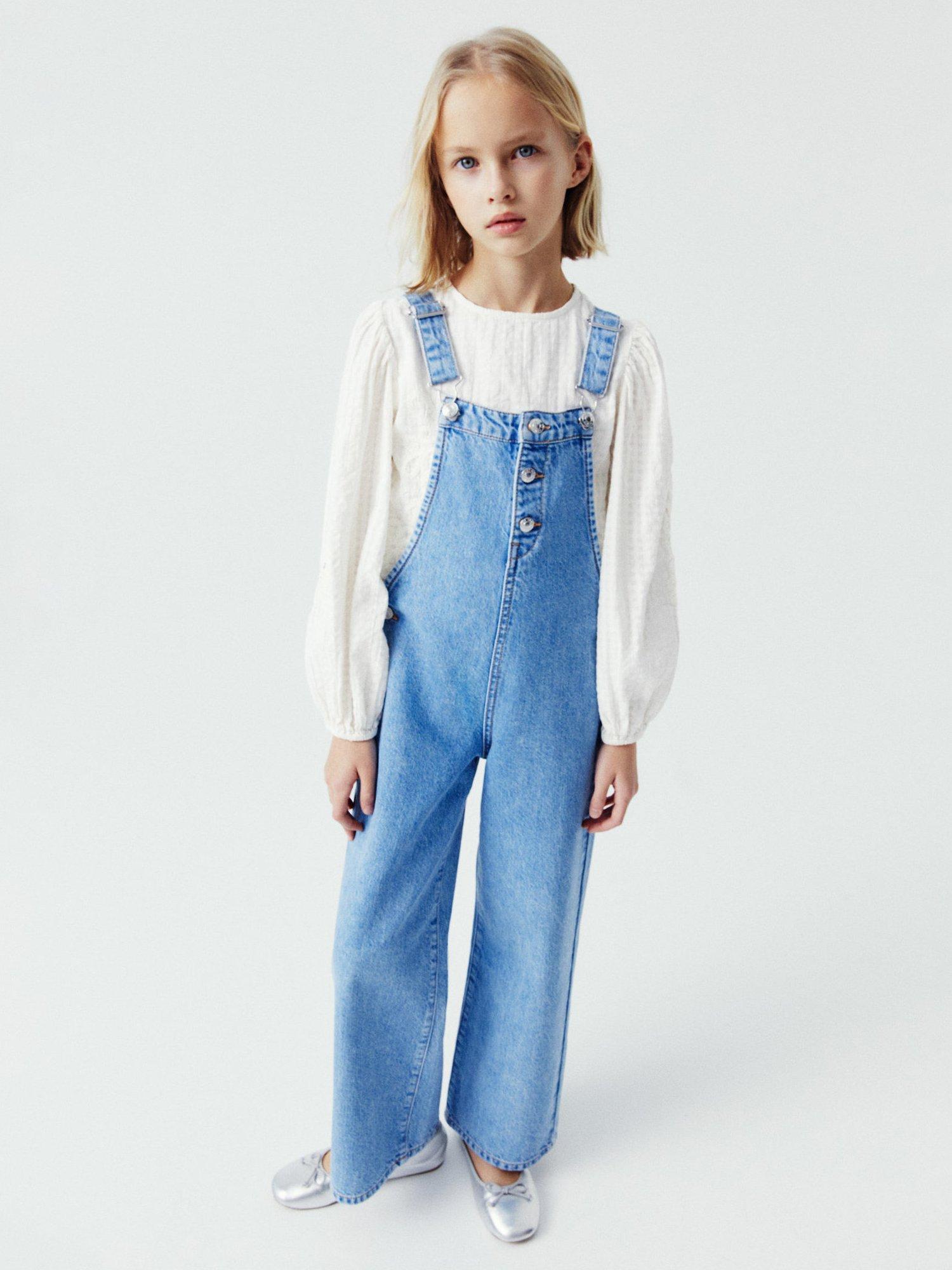 Mango Kids' Boston Denim Dungarees, Open Blue
