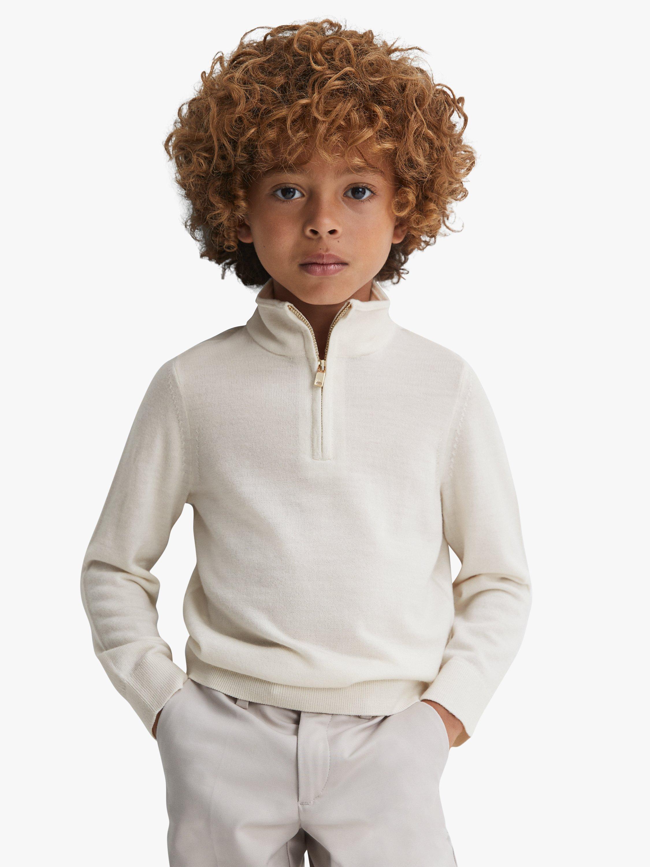 Product image 1 of 5, which shows Reiss Kids' Blackhall Funnel Neck Half Zip Wool Jumper, Snow, 3-4 years