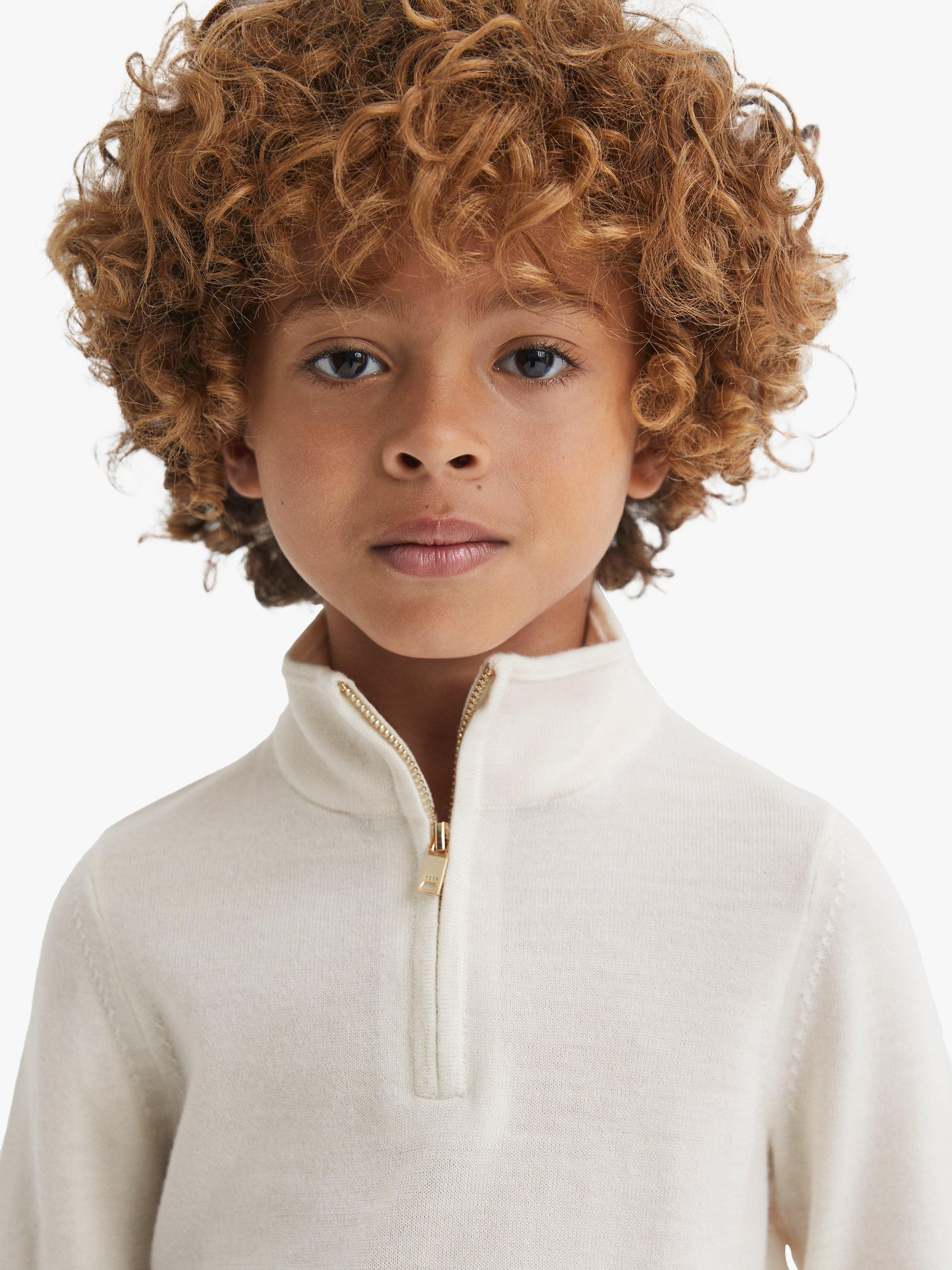 Product image 5 of 5, which shows Reiss Kids' Blackhall Funnel Neck Half Zip Wool Jumper, Snow, 3-4 years