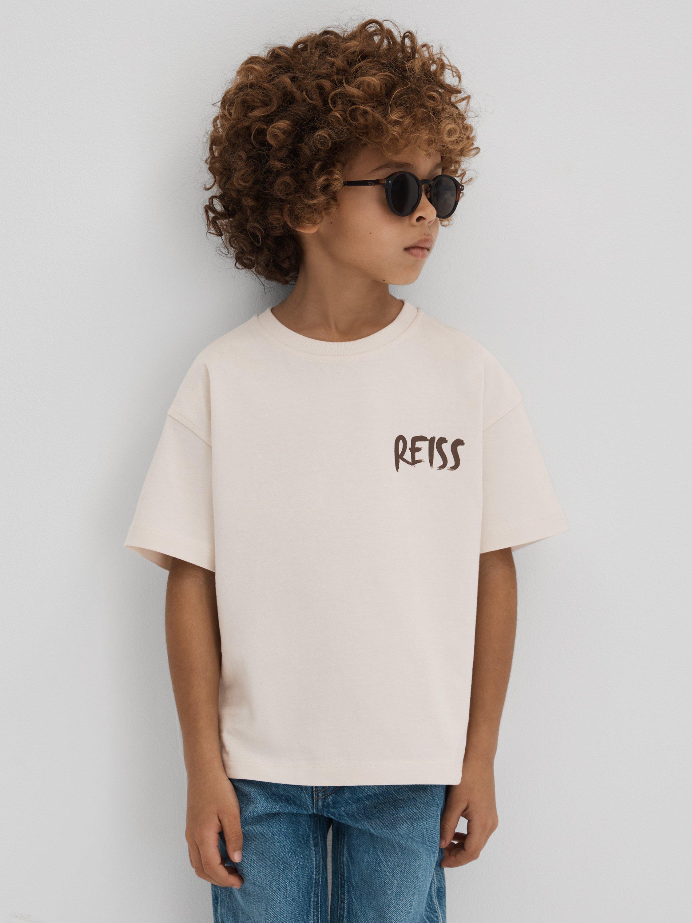 Product image 5 of 5, which shows Reiss Kids' Abbott Paintstroke Logo T-Shirt, Ecru, 13-14 years