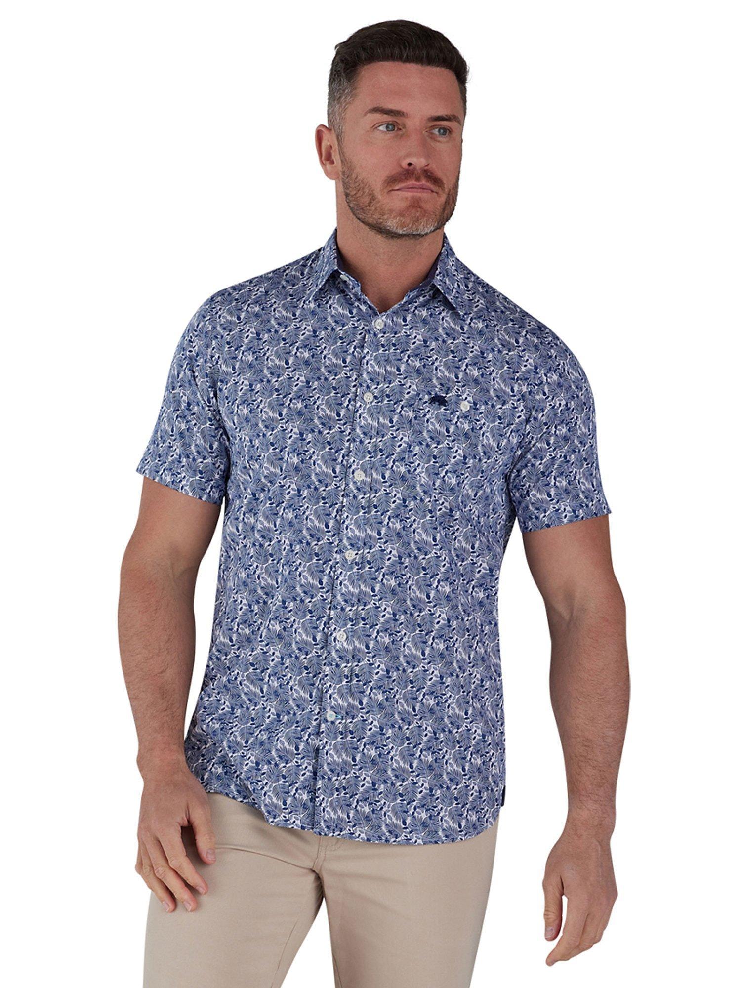 Raging Bull Short Sleeve Leaf Print Poplin Shirt, Blue/White