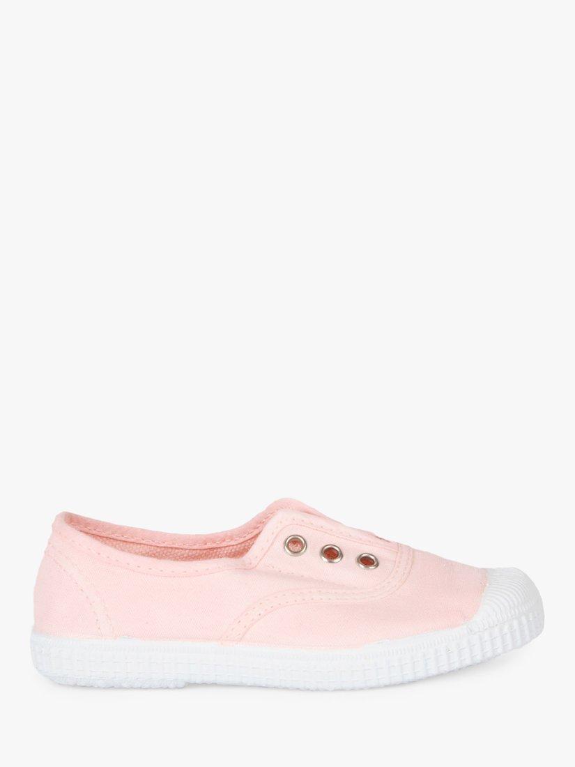 Product image 1 of 4, which shows Trotters Kids' Hampton Plum Canvas Plimsolls, Pale Pink, 1