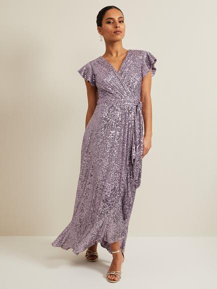 Phase Eight Petite Carina Sequin Maxi Wrap Dress, Purple, Purple