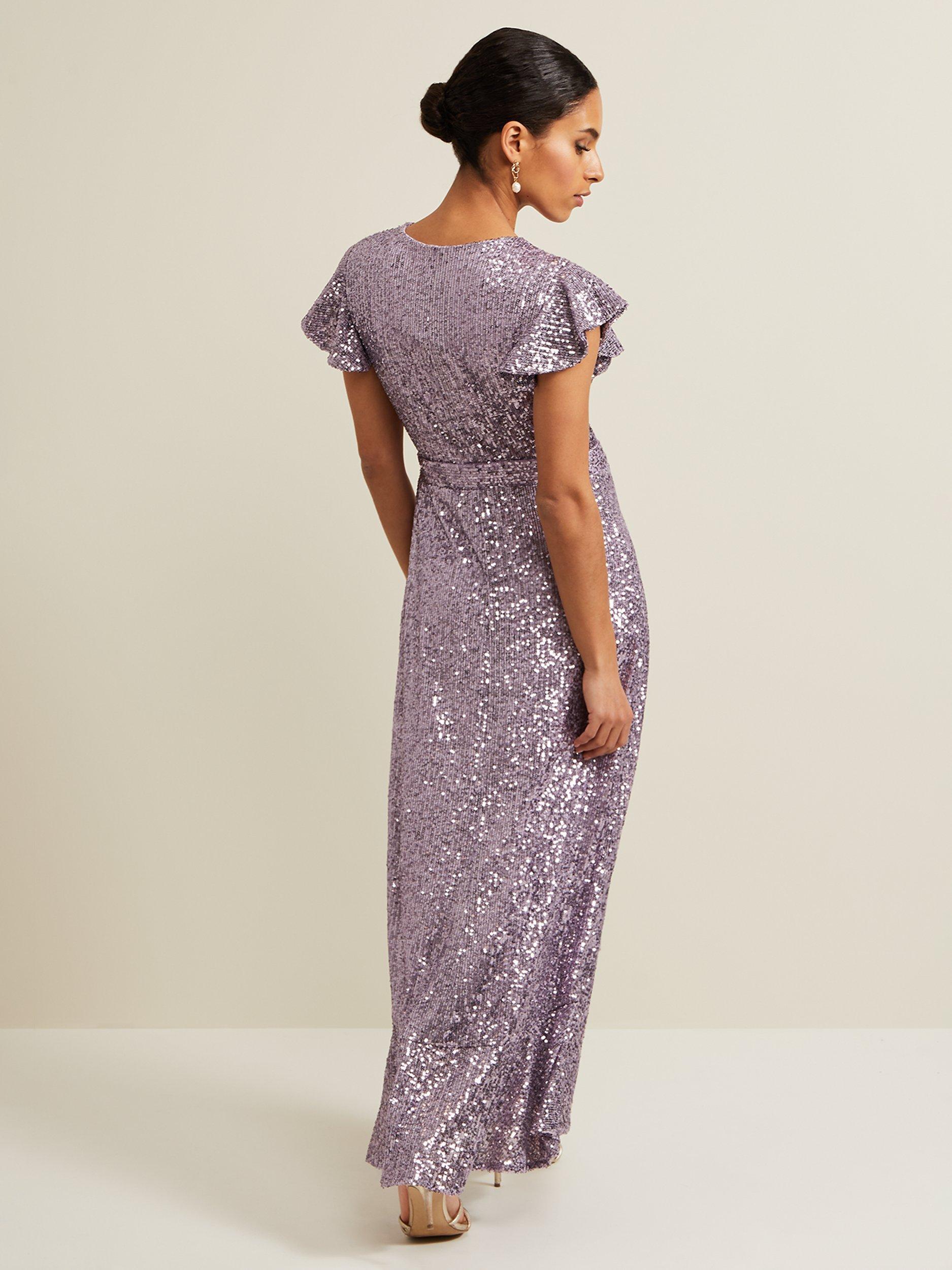 Product image 2 of 5, which shows Phase Eight Petite Carina Sequin Maxi Wrap Dress, Purple, 8