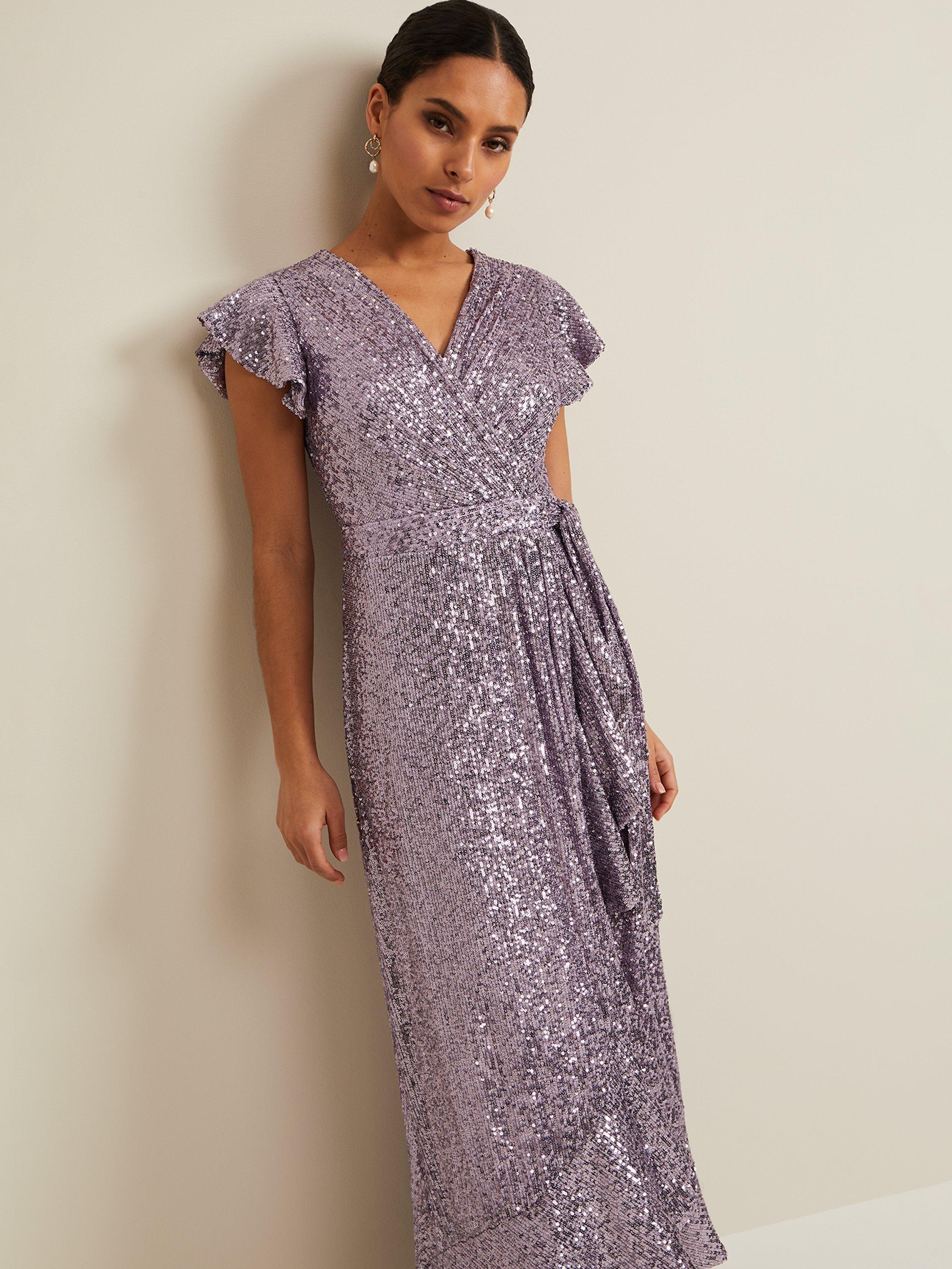 Product image 3 of 5, which shows Phase Eight Petite Carina Sequin Maxi Wrap Dress, Purple, 8