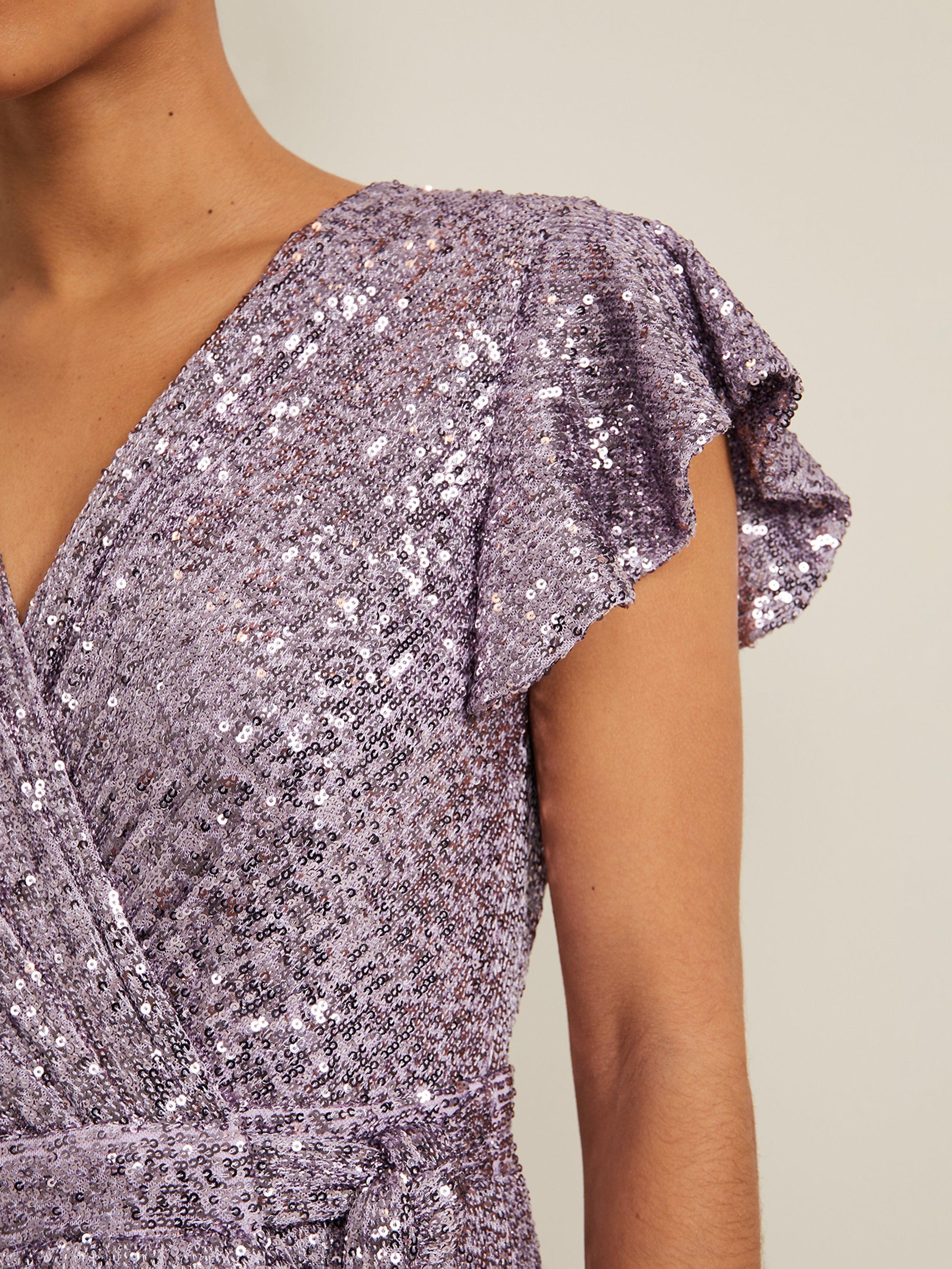 Product image 4 of 5, which shows Phase Eight Petite Carina Sequin Maxi Wrap Dress, Purple, 8