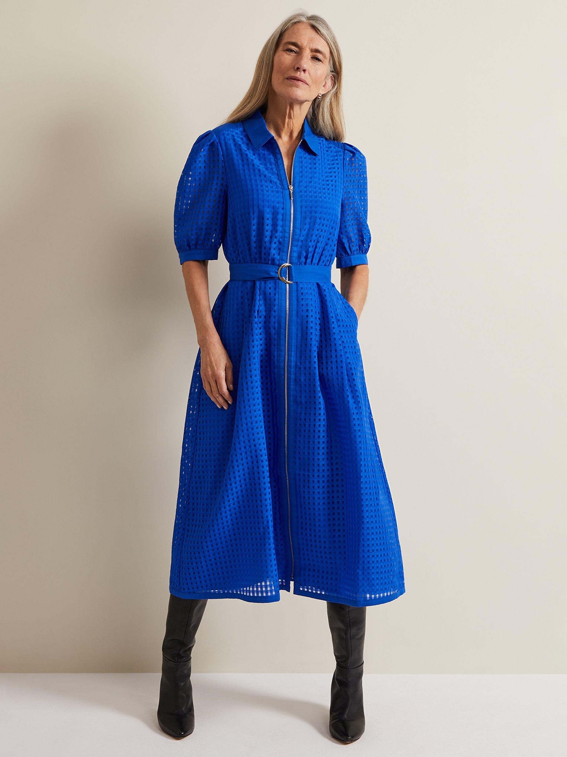 Phase Eight Carey Checked Textured Midi Dress Cobalt
