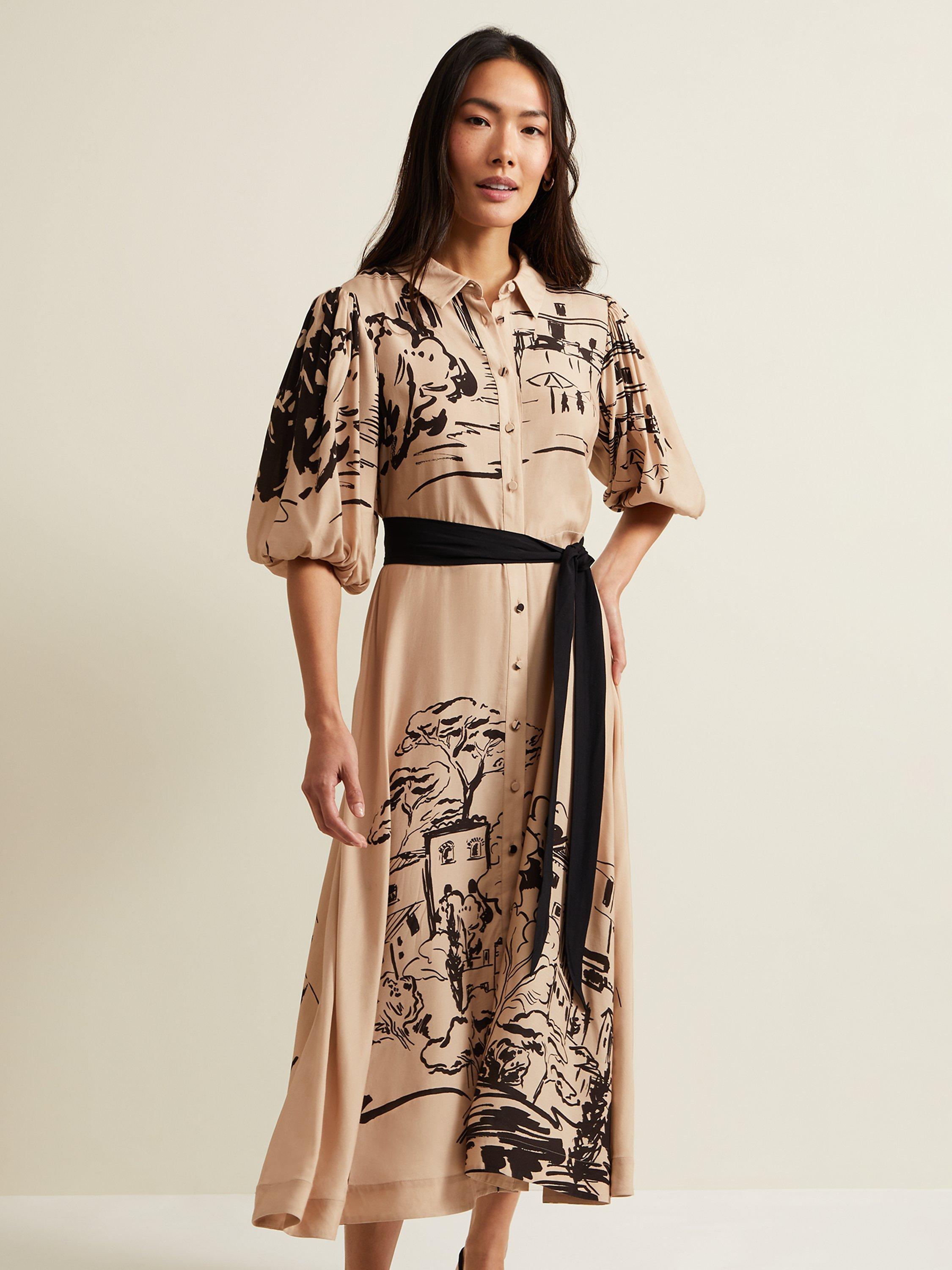 Phase Eight Tammy Puff Sleeve Midi Shirt Dress, Cream/Black