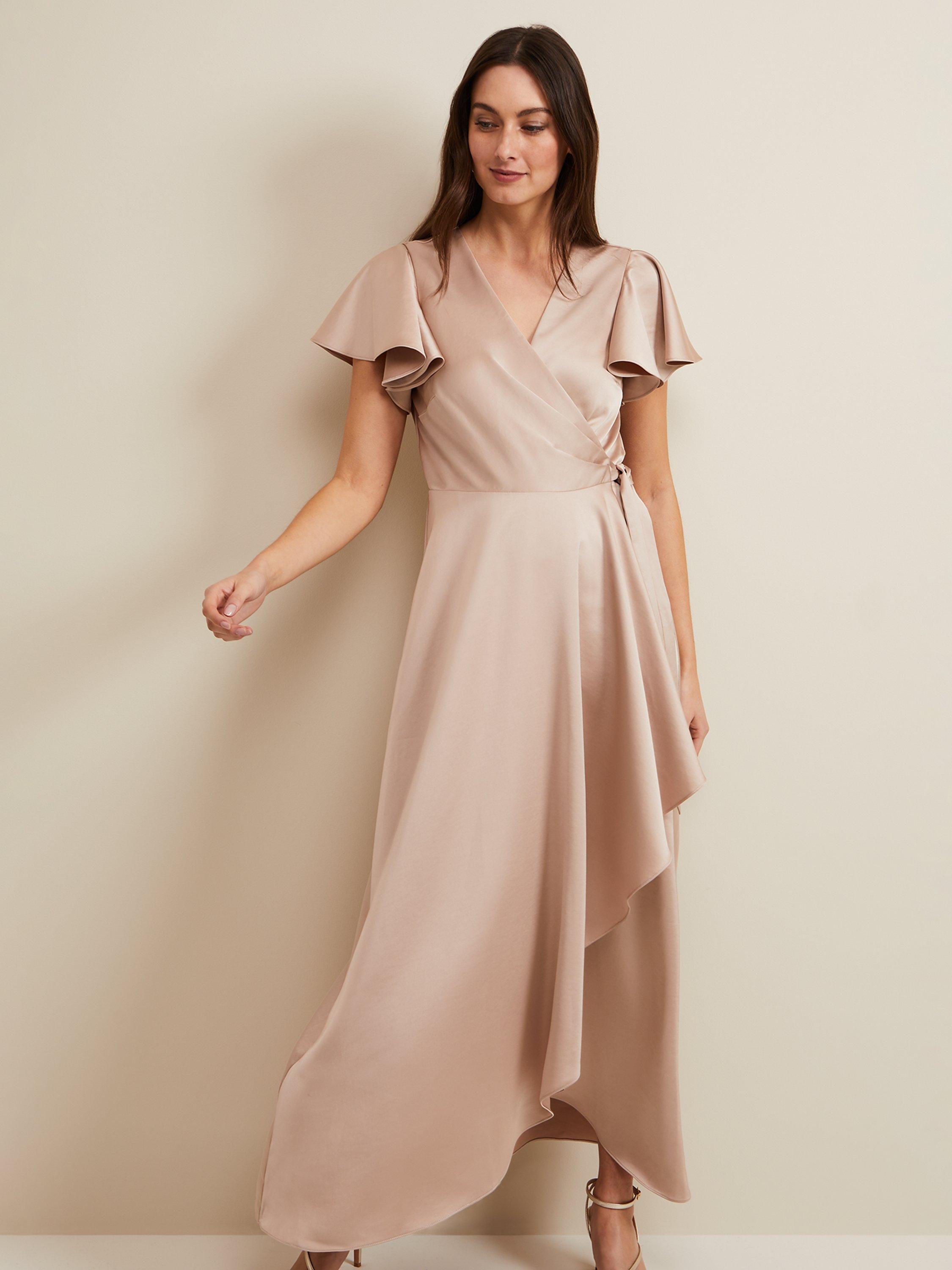 Product image 3 of 7, which shows Phase Eight Arabella Satin Wrap Maxi Dress, Latte, 10