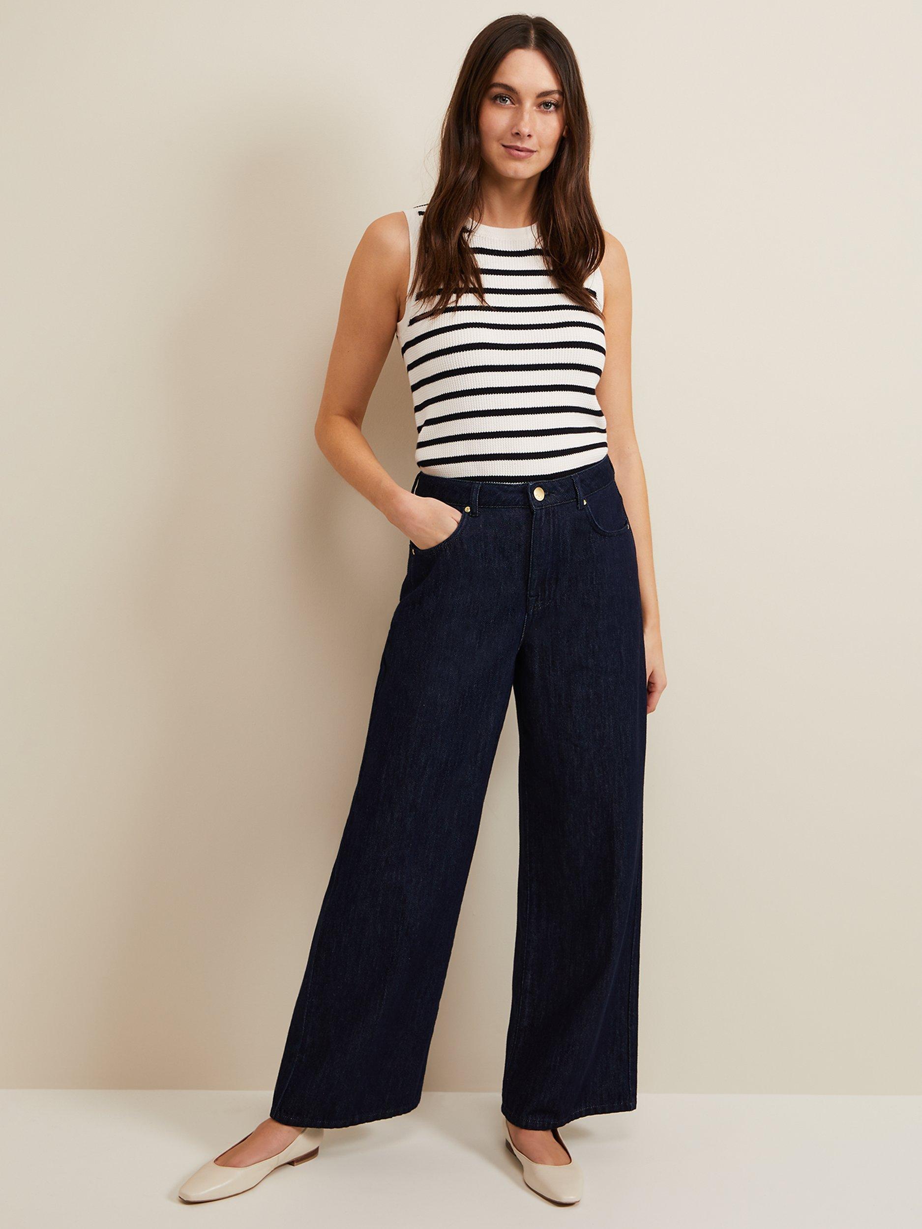 Product image 3 of 8, which shows Phase Eight Liana High Waist Wide Leg Jeans, Dark Wash, 18