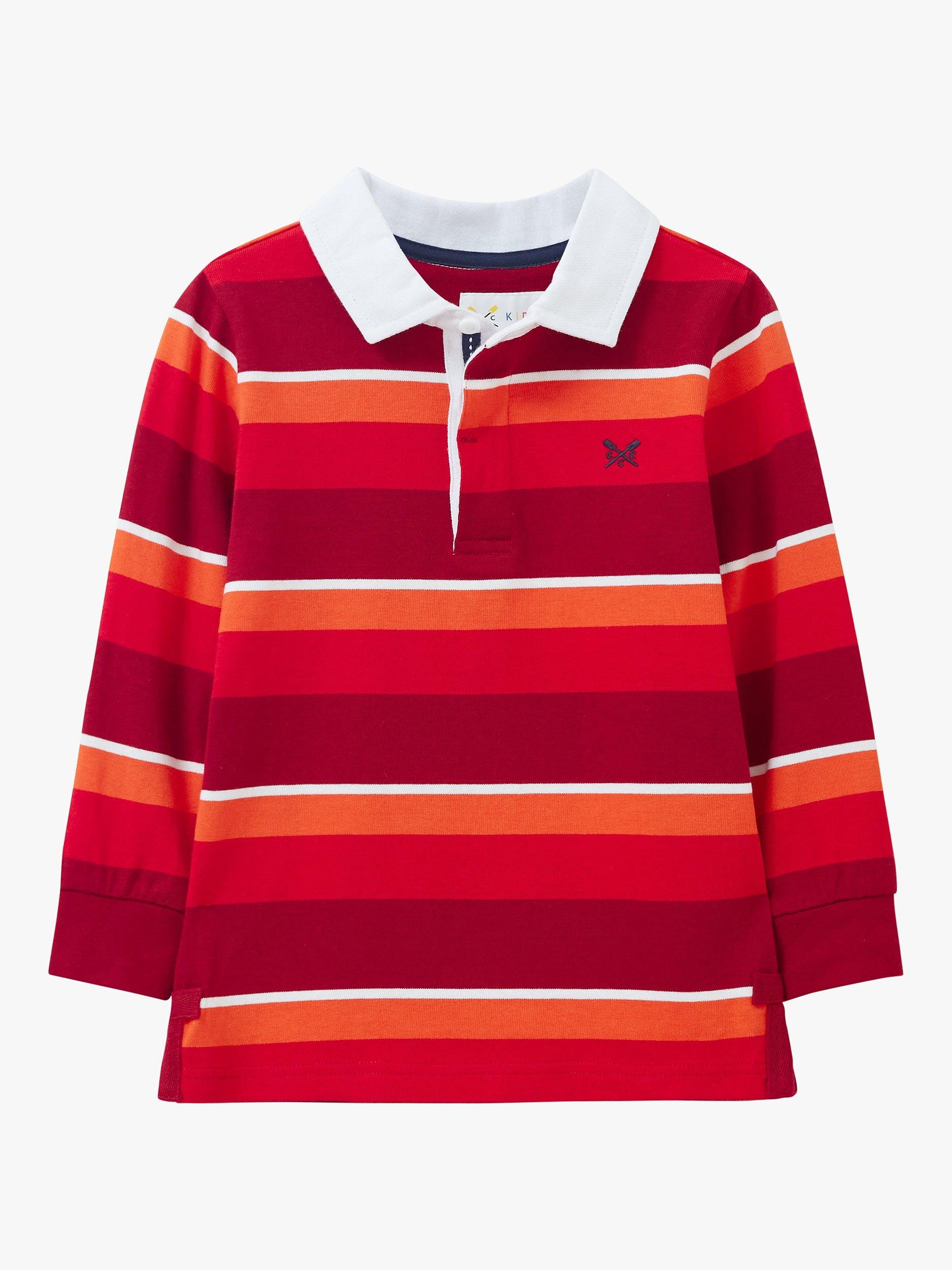 Crew Clothing Kids' Walsham Stripe Long Sleeve Rugby Shirt, Mid Red