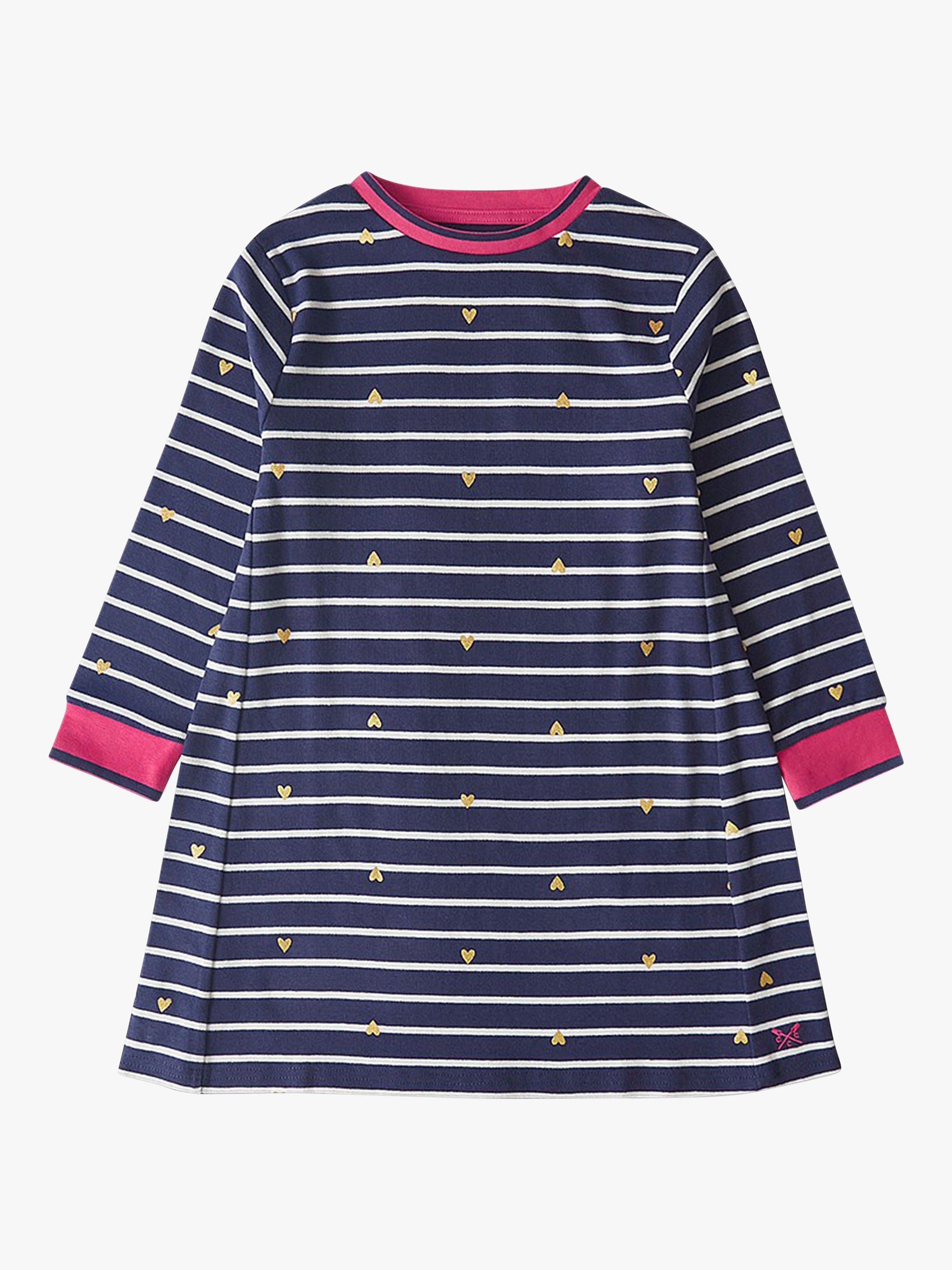 Crew Clothing Kids' Heart Print Breton Stripe Dress, Blue/Multi